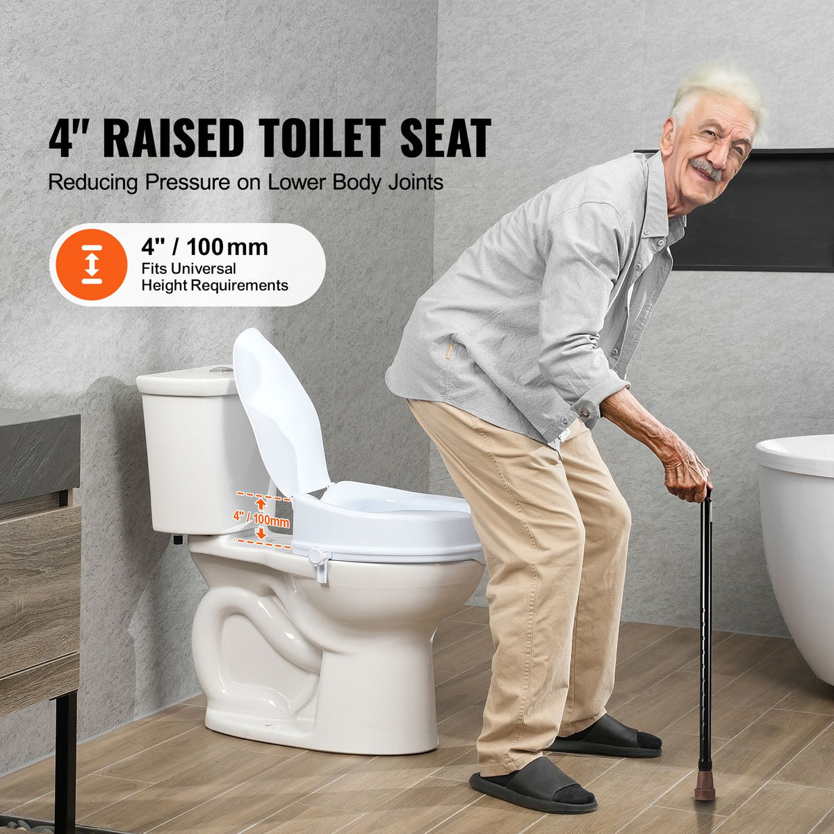 Raised Toilet Seat, 100 mm Height Raised, 136 kg Weight Capacity, Universal Toilet Seat Riser, Screw Rod Locking, with Toilet Seat, for Elderly, Handicap, Patient, Pregnant, Medical