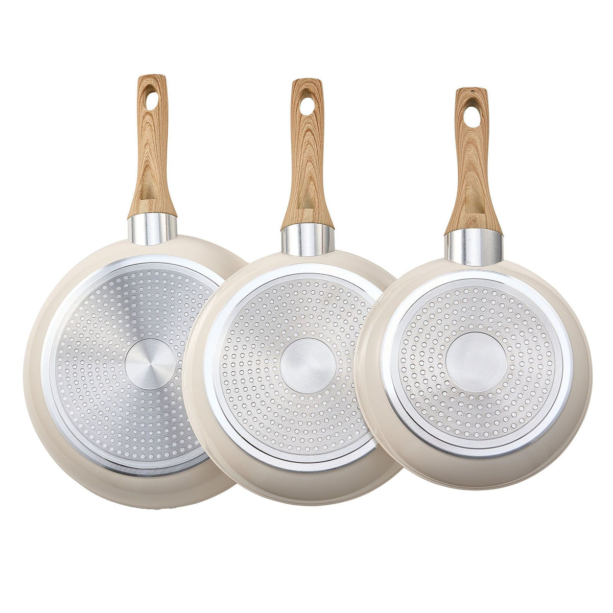 Frying Pan Skillet, Aluminum Egg Fry Pans, 3 Pcs (200, 240, 280 mm), Nonsitck Ceramic Heavy-Duty Skillets with Heat-Resistant Handle, Chef's Kitchen Cookware for Gas, Electric, Induction, Beige