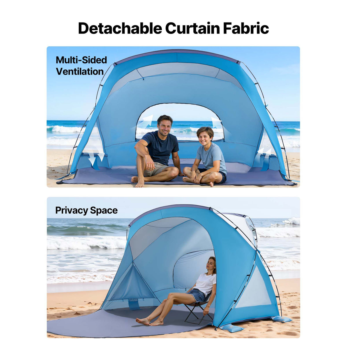 Beach Tent Sun Shelter for 6 Person, UPF 50+ Protection, Portable Sun Shade Canopy with Carrying Bag & Sand Pockets, Lightweight and Easy Setup Beach Umbrella for Family Camping Outdoor Picnic