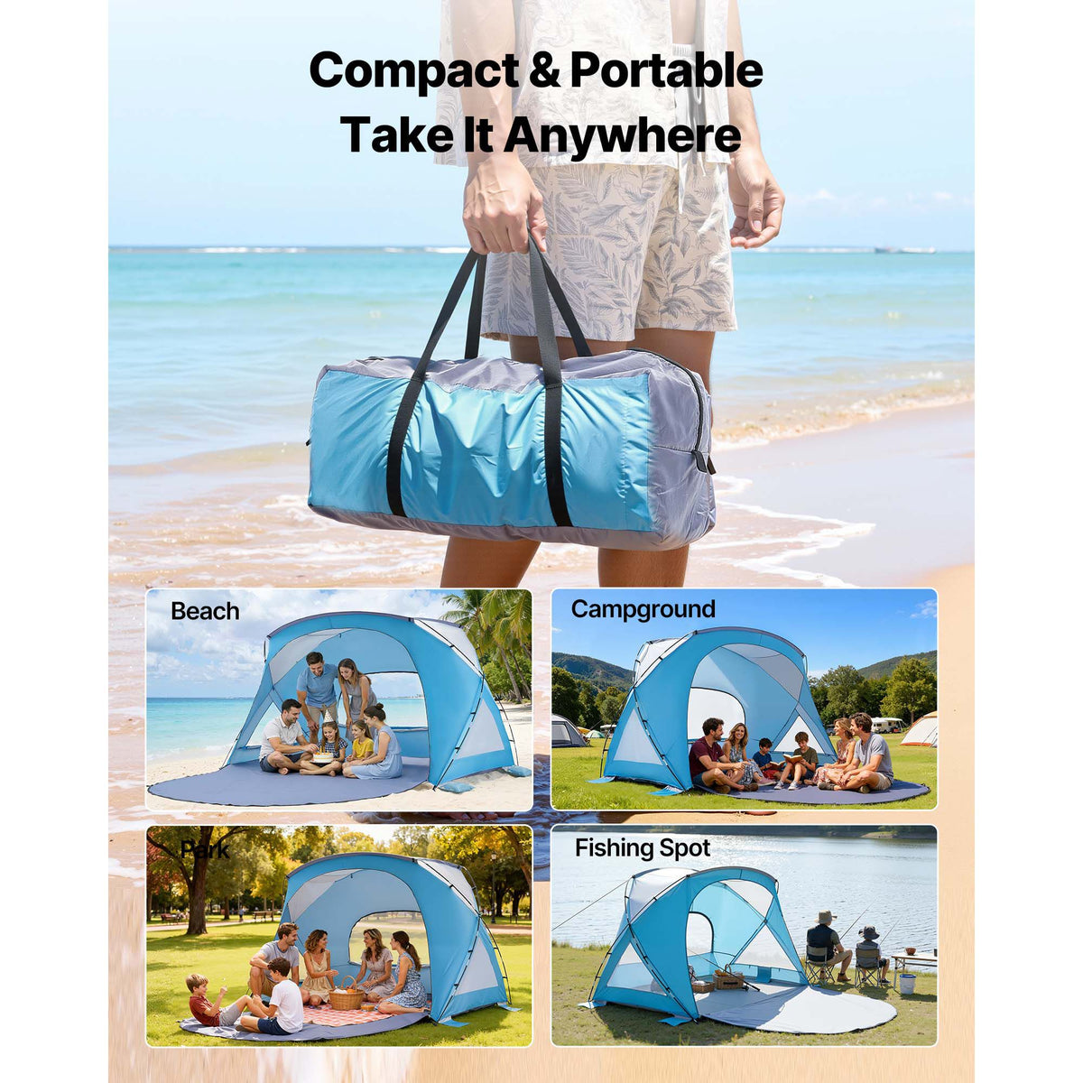 Beach Tent Sun Shelter for 6 Person, UPF 50+ Protection, Portable Sun Shade Canopy with Carrying Bag & Sand Pockets, Lightweight and Easy Setup Beach Umbrella for Family Camping Outdoor Picnic