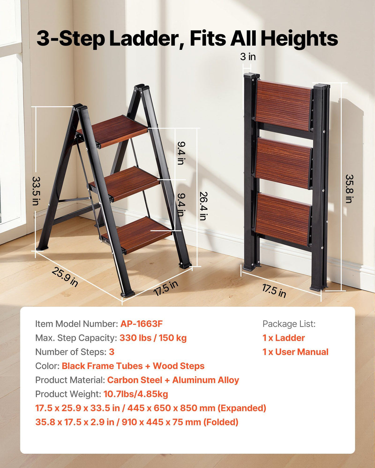 3 Step Ladder, Folding Step Stool with Wide Anti-Slip Pedal and Comfort Handgrip, Lightweight 150 kg Capacity Portable Aluminum Plant Support, Multi-Use for Adults, Home Repairing, Cleaning