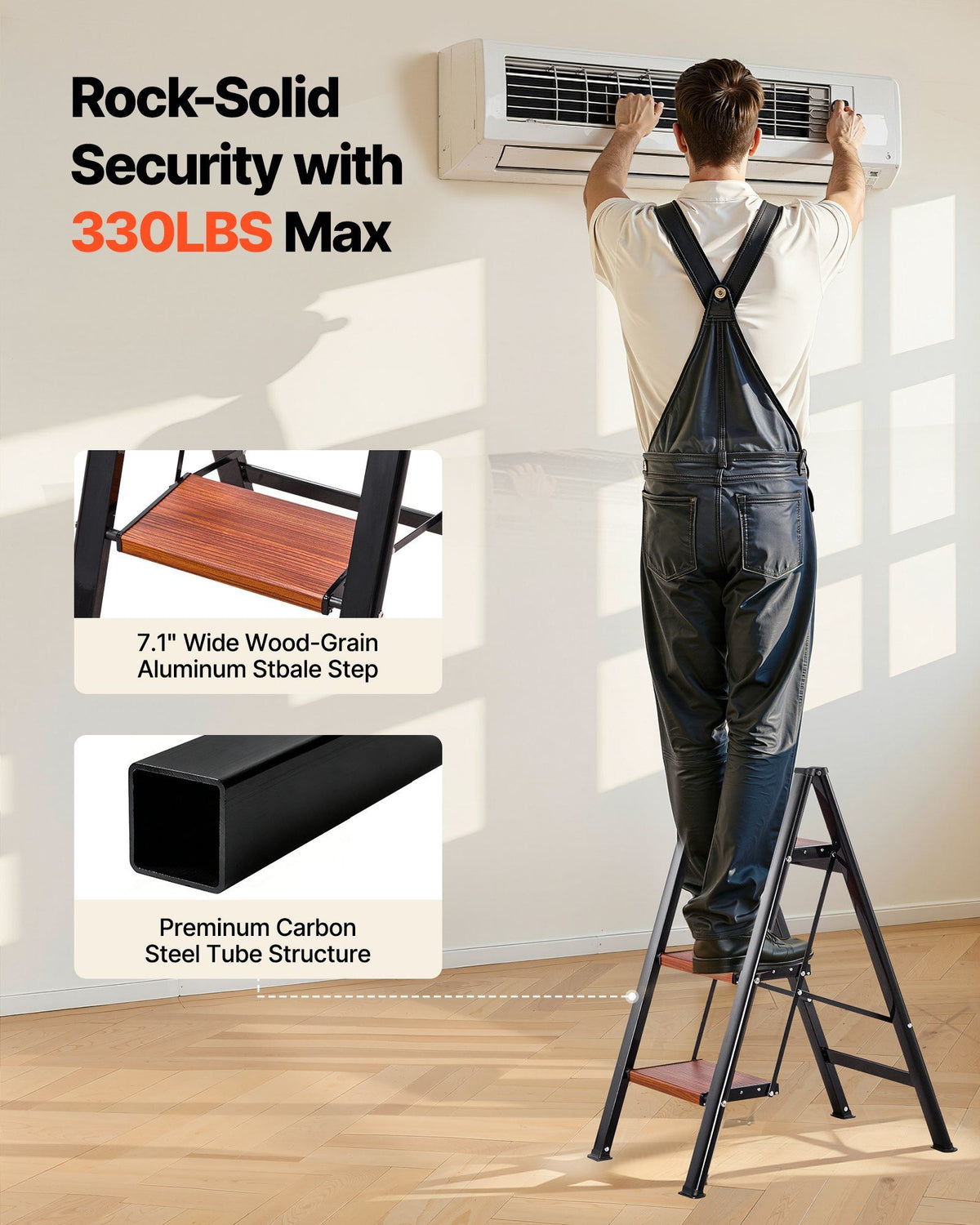 3 Step Ladder, Folding Step Stool with Wide Anti-Slip Pedal and Comfort Handgrip, Lightweight 150 kg Capacity Portable Aluminum Plant Support, Multi-Use for Adults, Home Repairing, Cleaning