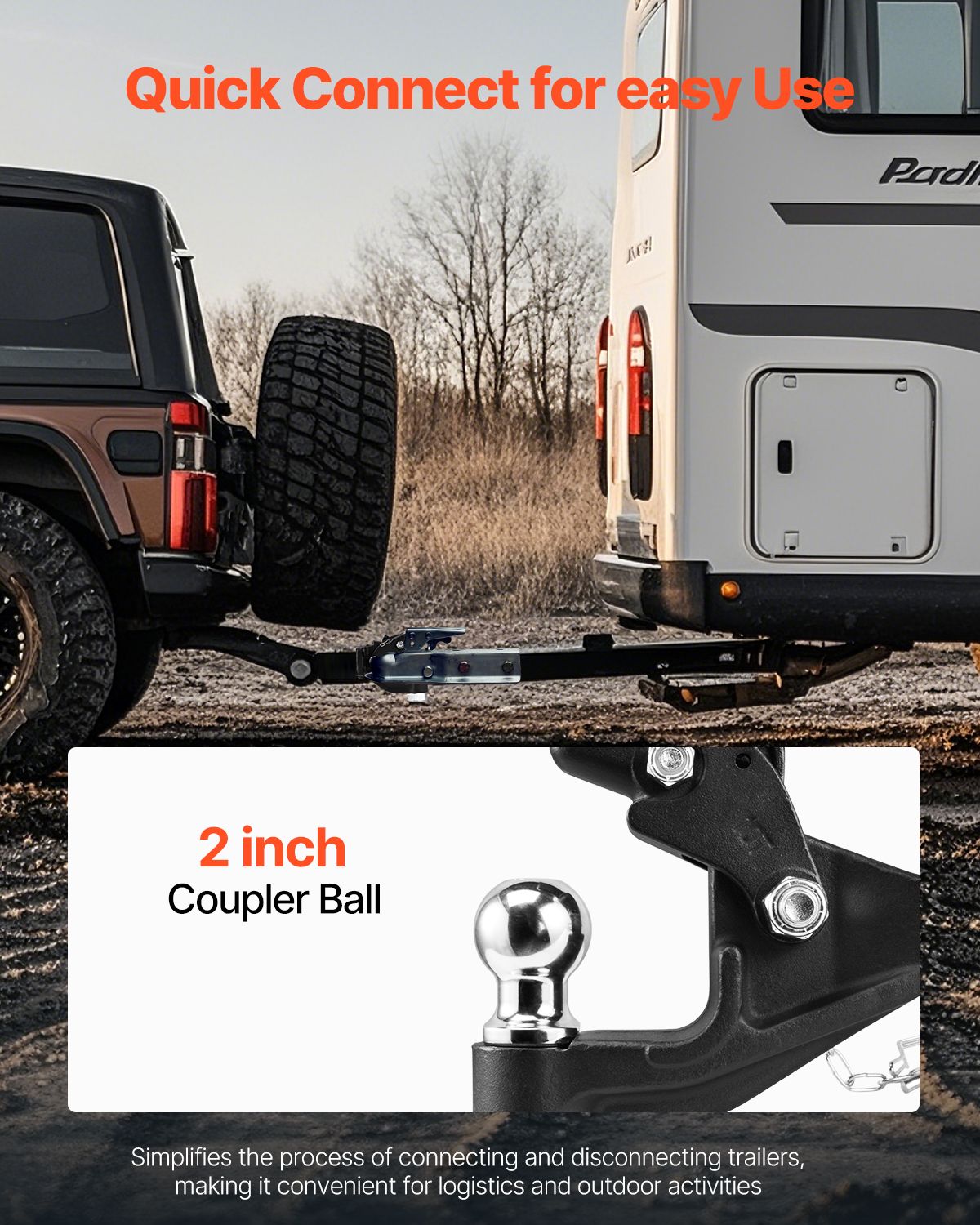 Pintle Hook, 7256 kg Capacity, Pintle Hook Hitch for 50.4 mm Hitch Hook Military Receiver, Combination 50.4 mm Hitch Ball, Fits 63.5 to 76.2 mm Lunette Ring, 397 mm Length, Black Powder Coat
