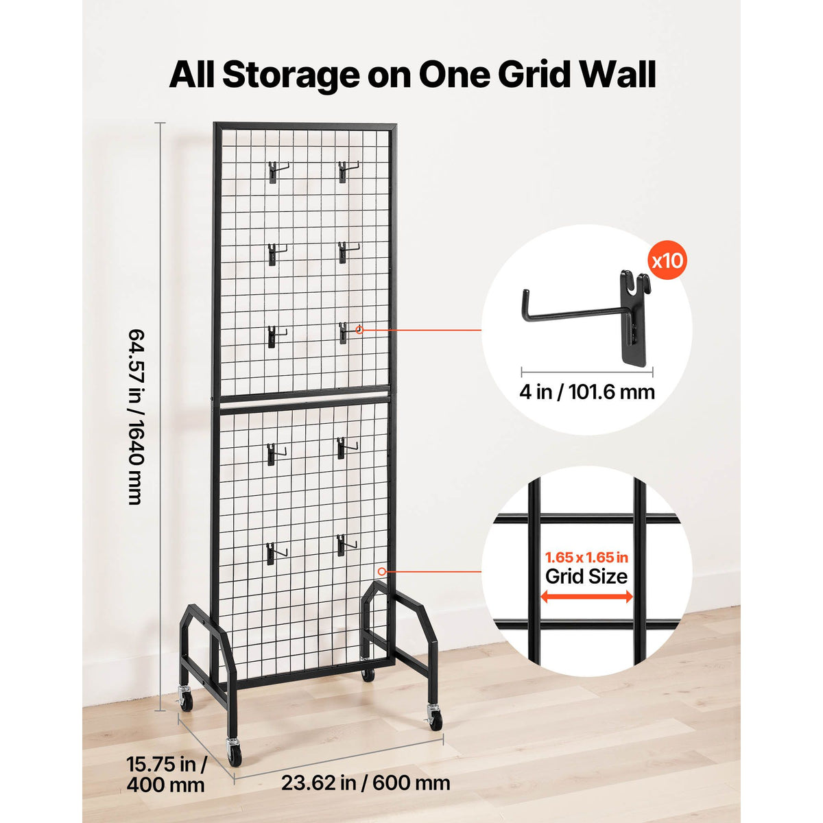 Grid Wall Panel, 600 x 1640 mm Wire Grid Panels Display Rack, Movable Art Display Shelf with Wheels and 10 Hooks, Black Carbon Steel Gridwall for Craft Show, Decoration, Storage, Notice Board