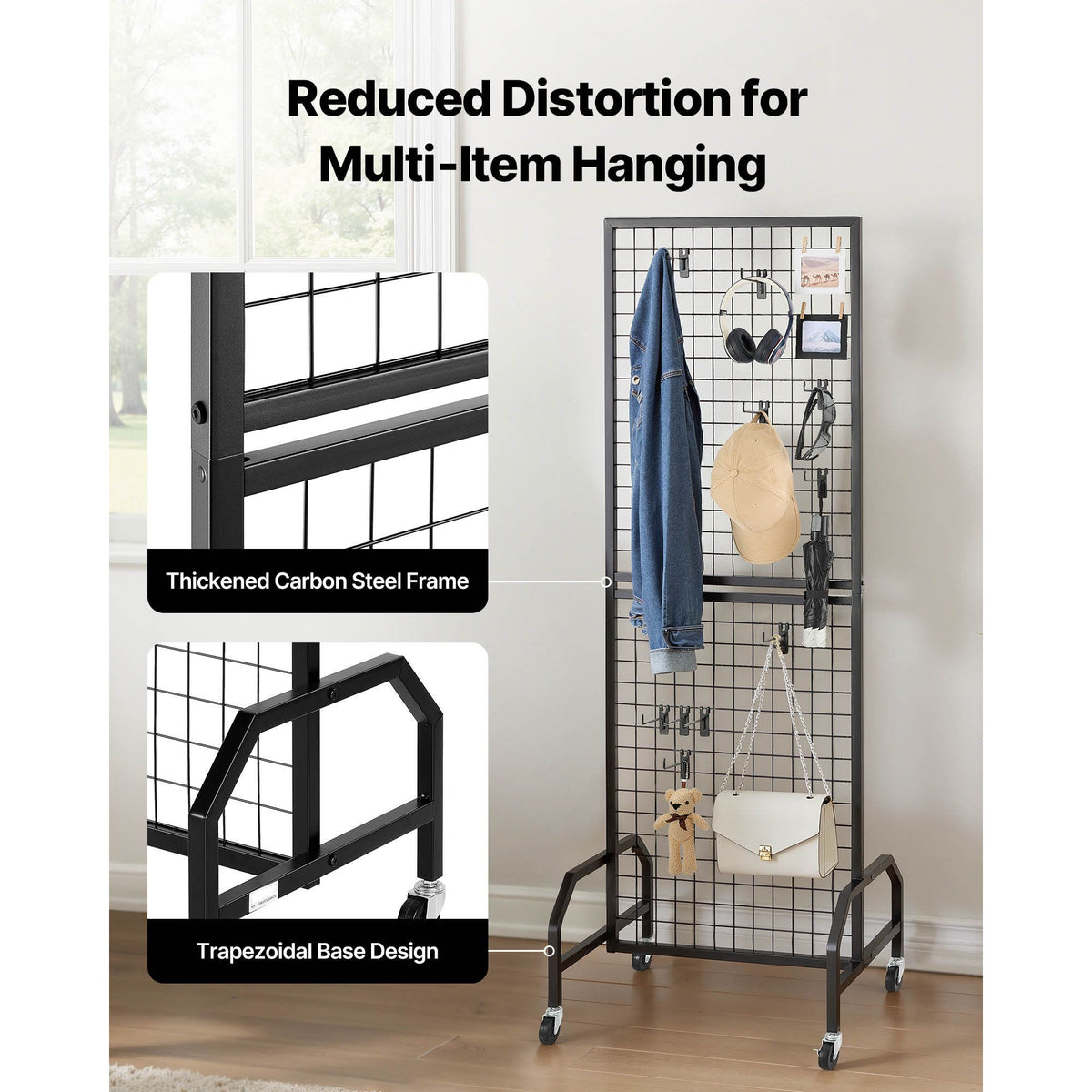 Grid Wall Panel, 600 x 1640 mm Wire Grid Panels Display Rack, Movable Art Display Shelf with Wheels and 10 Hooks, Black Carbon Steel Gridwall for Craft Show, Decoration, Storage, Notice Board