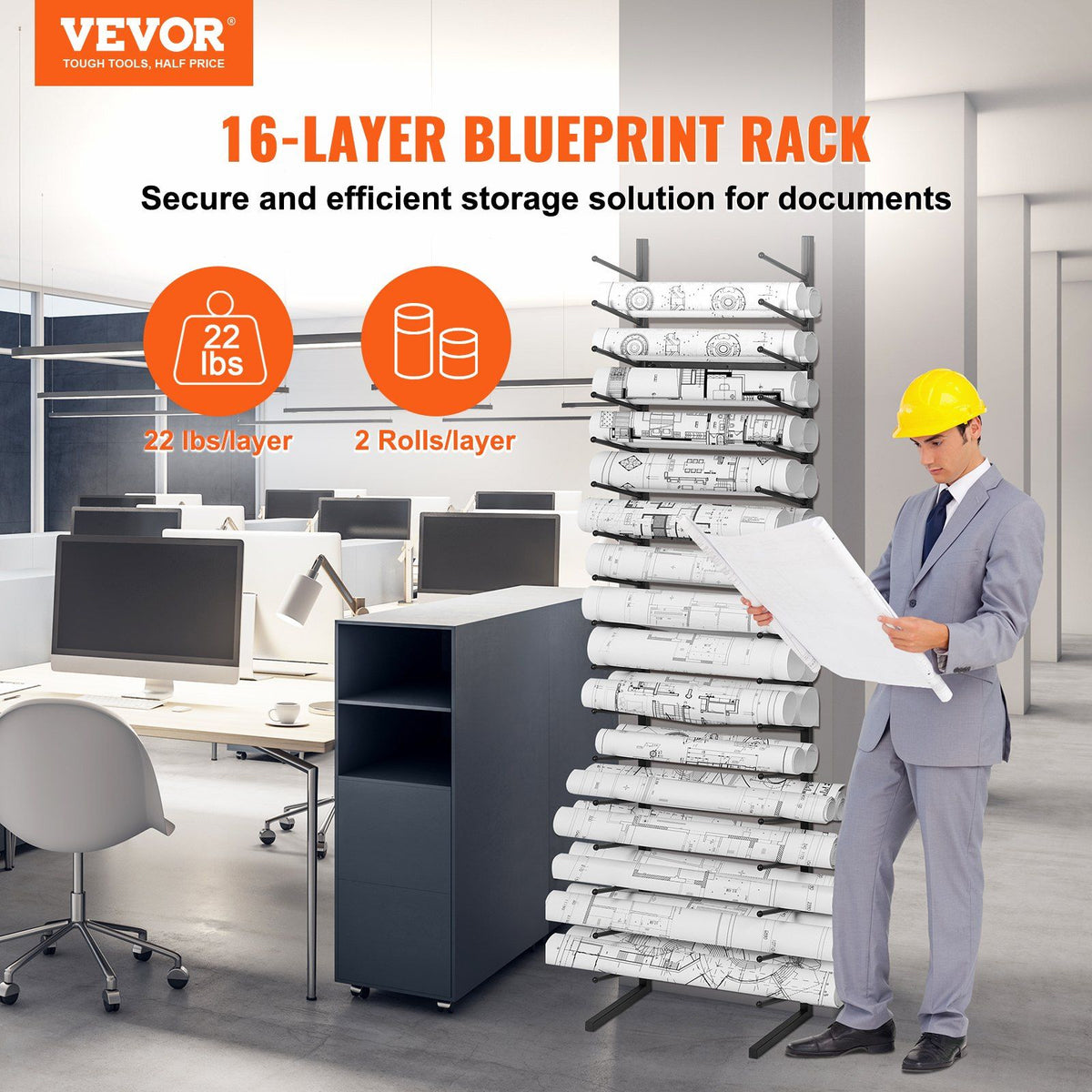Blueprint Storage Rack, Hanging Poster Display Rack 16-Tier, Vertical Blueprint Roll File Holder 2 Rolls/tire, Roll File Storage Rack for Blueprint Map Poster