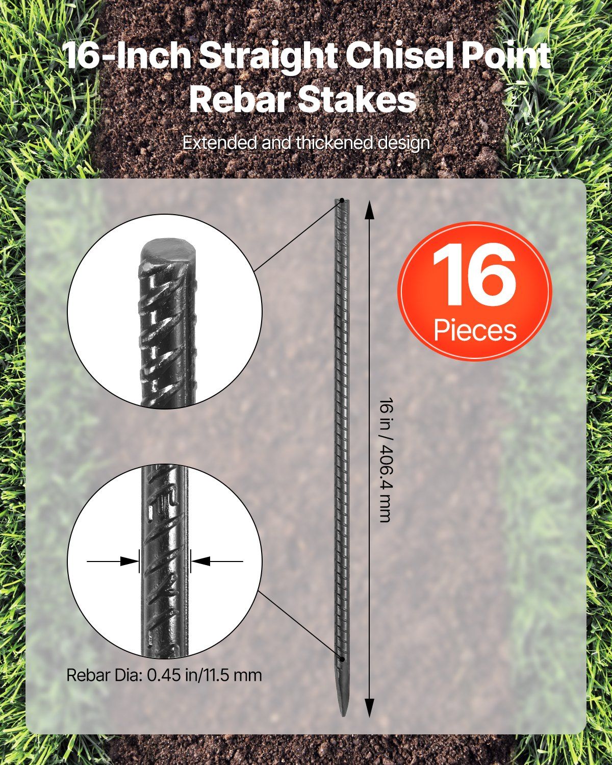 Rebar Stakes, 406.4 mm, Heavy-Duty 11.5 mm Diameter, Straight Galvanized Steel Ground Anchors with Chisel Point End & Rust-Resistant Coating, for Gardening Support, Fence, Camping Tents (16-Pack)