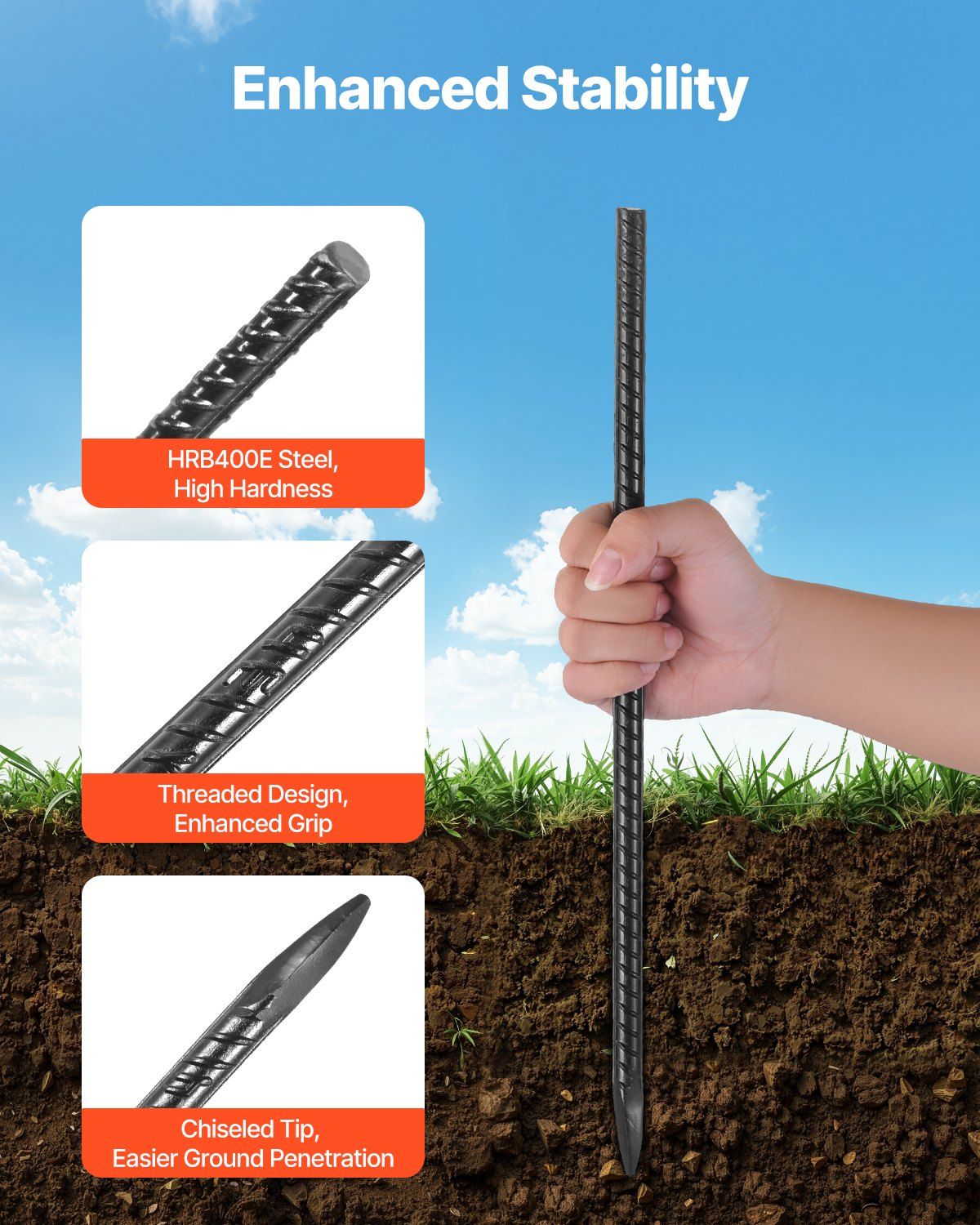 Rebar Stakes, 406.4 mm, Heavy-Duty 11.5 mm Diameter, Straight Galvanized Steel Ground Anchors with Chisel Point End & Rust-Resistant Coating, for Gardening Support, Fence, Camping Tents (16-Pack)