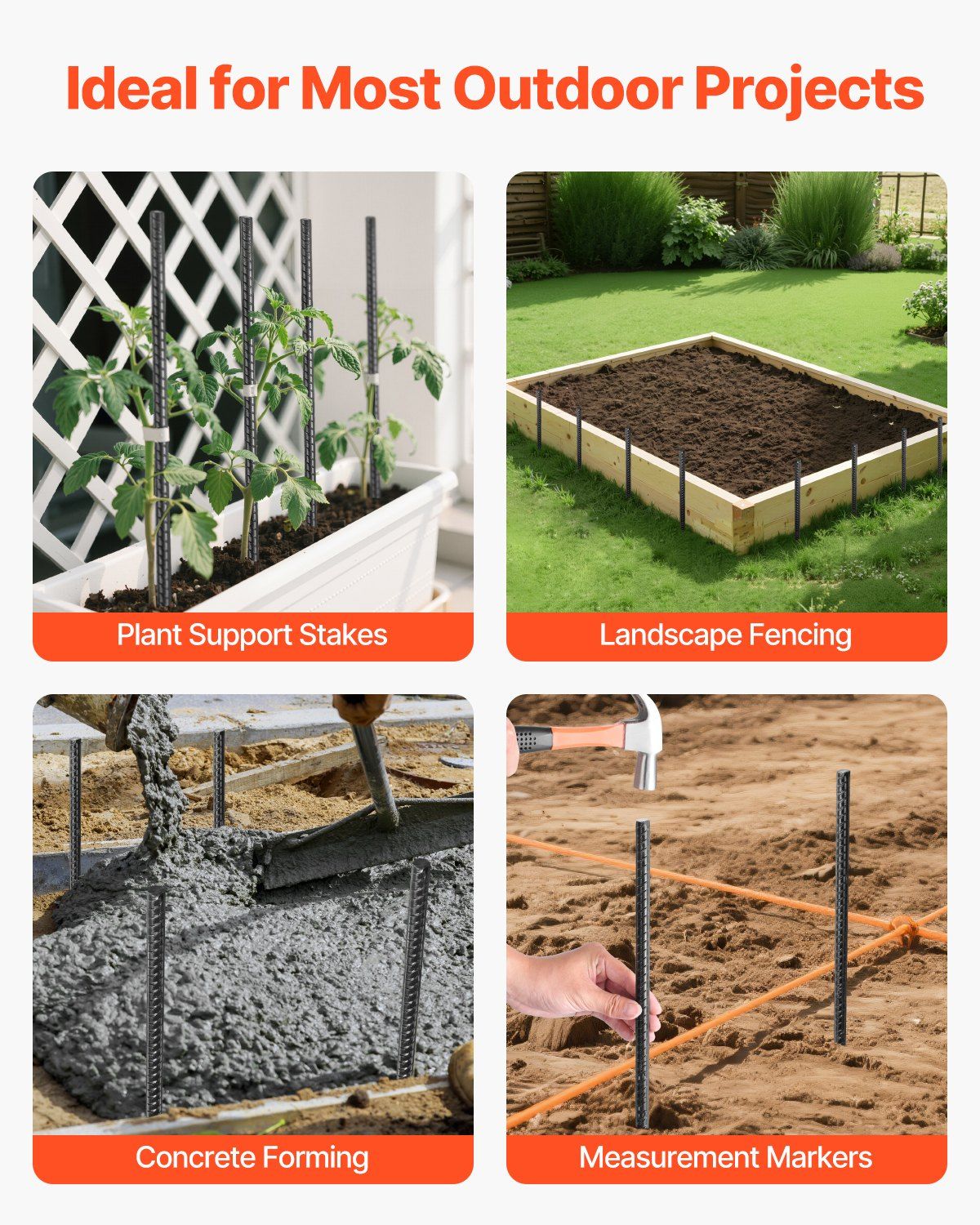 Rebar Stakes, 406.4 mm, Heavy-Duty 11.5 mm Diameter, Straight Galvanized Steel Ground Anchors with Chisel Point End & Rust-Resistant Coating, for Gardening Support, Fence, Camping Tents (16-Pack)