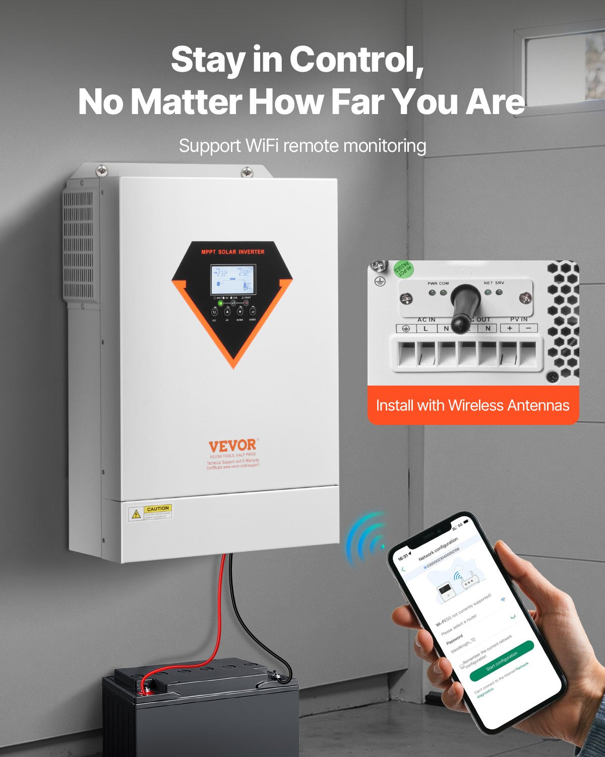 Hybrid Solar Inverter, 6000W, All in One Pure Sine Wave Power Inverter Charger, 220V AC, with Built-in 120A MPPT Solar Charger Controller, for Off-Grid System Lead Acid Lithium Battery