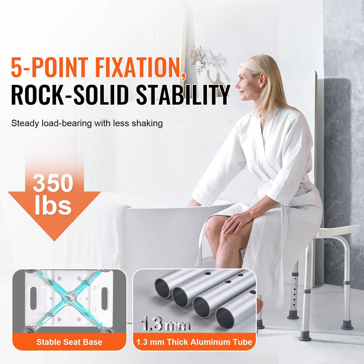 Shower Chair, Adjustable Height Shower Stool with Built-in Handles, Shower Seat for Inside Shower or Tub, Non-Slip Bench Bathtub Stool Seat for Elderly Disabled Handicap, 158.8 kg Capacity