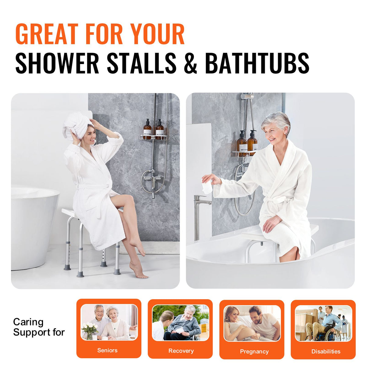 Shower Chair, Adjustable Height Shower Stool with Built-in Handles, Shower Seat for Inside Shower or Tub, Non-Slip Bench Bathtub Stool Seat for Elderly Disabled Handicap, 158.8 kg Capacity