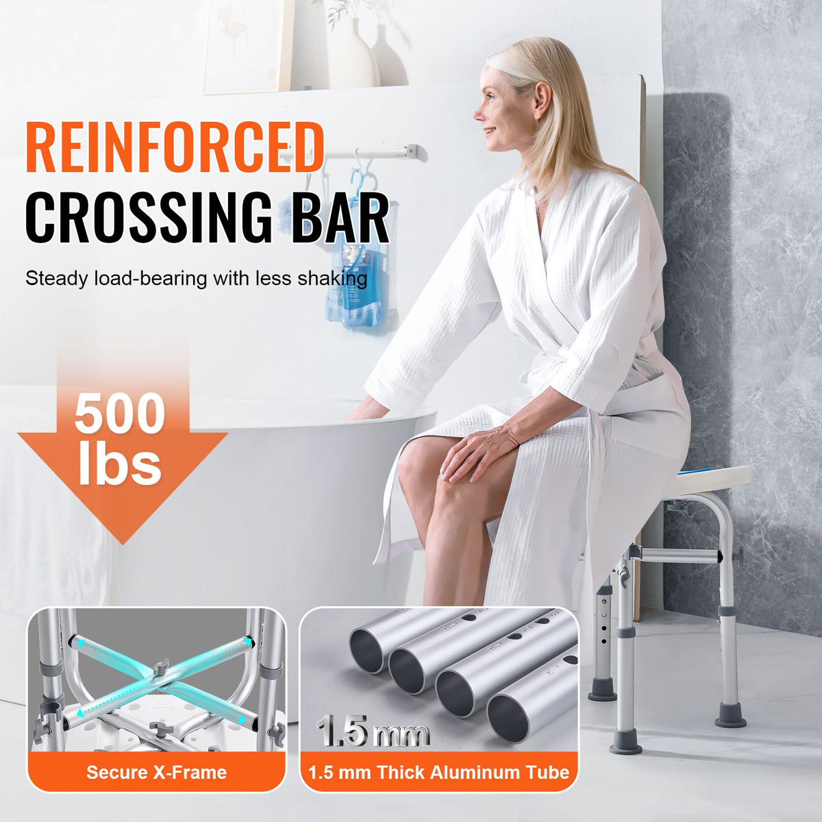 Shower Chair, Adjustable Height Shower Stool with Crossbar Support, Shower Seat for Inside Shower or Tub, Non-Slip Bench Bathtub Stool Seat for Elderly Disabled Handicap, 226.8 kg Capacity