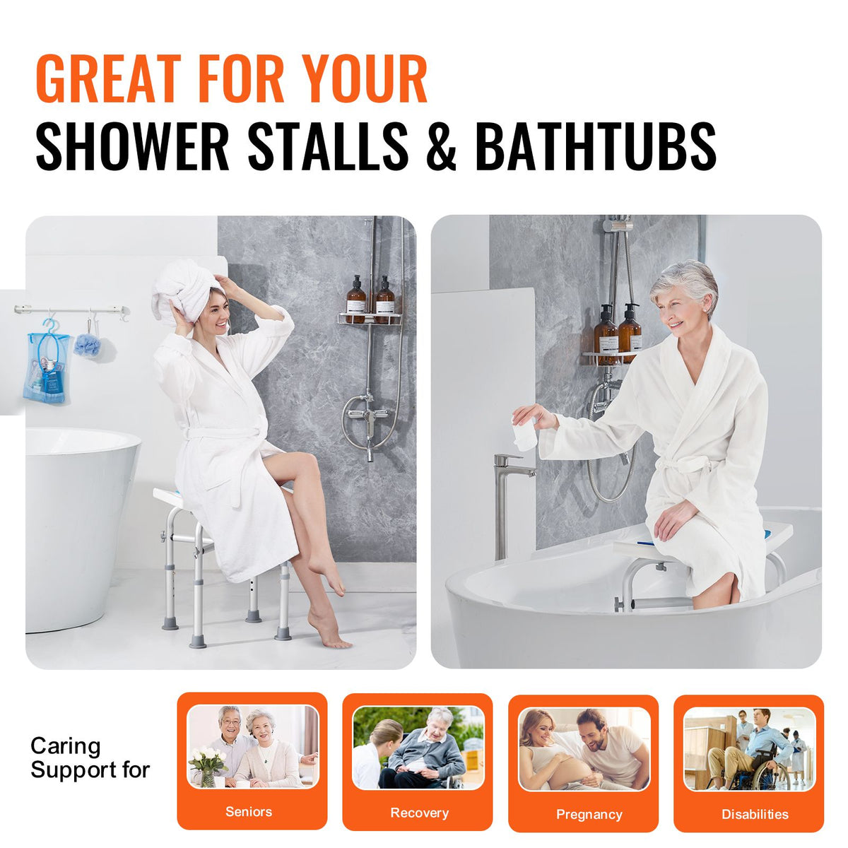 Shower Chair, Adjustable Height Shower Stool with Crossbar Support, Shower Seat for Inside Shower or Tub, Non-Slip Bench Bathtub Stool Seat for Elderly Disabled Handicap, 226.8 kg Capacity