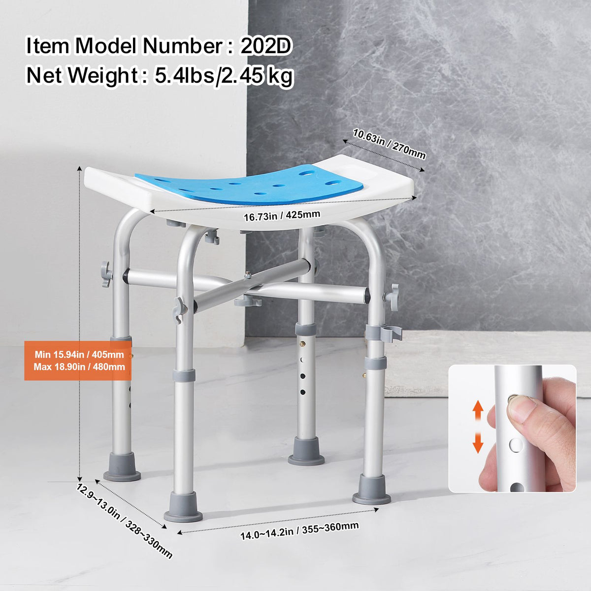 Shower Chair, Adjustable Height Shower Stool with Crossbar Support, Shower Seat for Inside Shower or Tub, Non-Slip Bench Bathtub Stool Seat for Elderly Disabled Handicap, 226.8 kg Capacity
