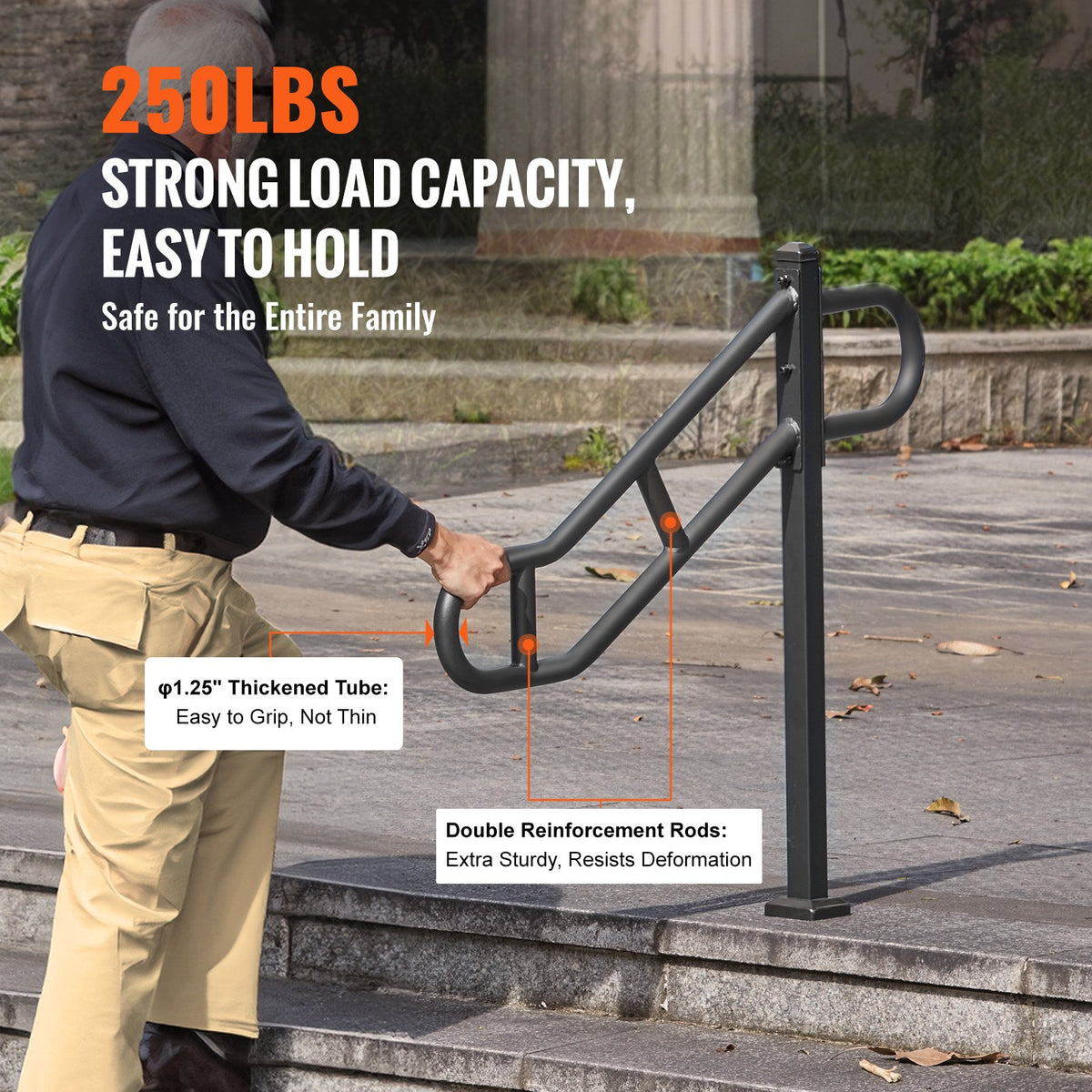 Single Post Handrail for Outdoor 1-3 Steps, 40.5" L x 35.4" H Metal Bent Stair Handrails, Floor Mounted Carbon Steel Stair Railing, U-Shaped Post Grab Rails with 2 Anti-Skid Crossbar for Garage