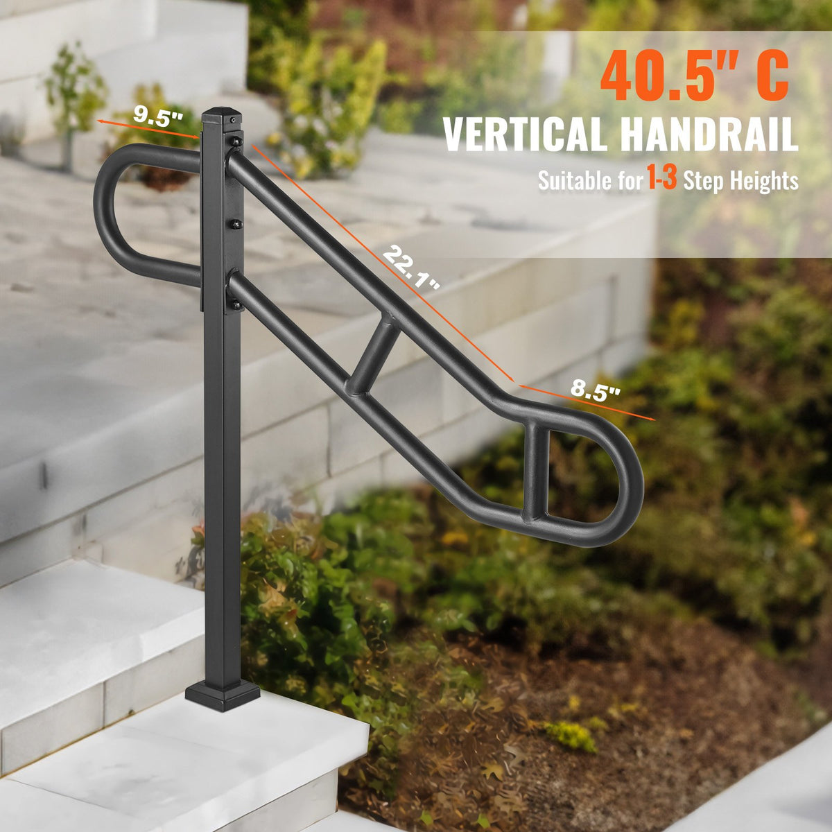 Single Post Handrail for Outdoor 1-3 Steps, 40.5" L x 35.4" H Metal Bent Stair Handrails, Floor Mounted Carbon Steel Stair Railing, U-Shaped Post Grab Rails with 2 Anti-Skid Crossbar for Garage