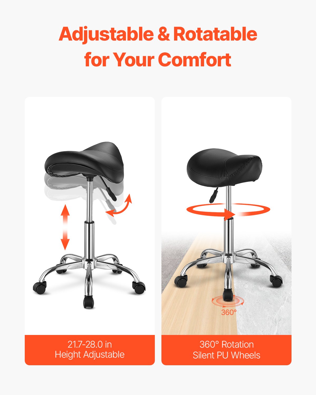 Saddle Rolling Stool, PU Leather Rolling Stool with Wheels, 360° Swivel Drafting Stool with Thickened Cushion, Height Adjustable Rolling Work SPA Stool, for Office, Home, Salon & Bar, Black