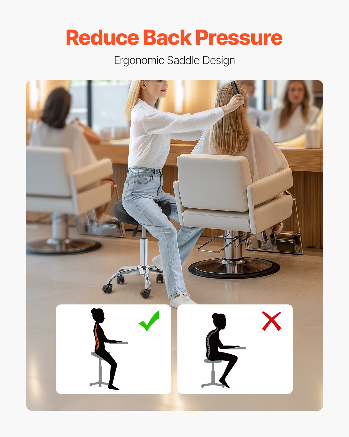 Saddle Rolling Stool, PU Leather Rolling Stool with Wheels, 360° Swivel Drafting Stool with Thickened Cushion, Height Adjustable Rolling Work SPA Stool, for Office, Home, Salon & Bar, Black