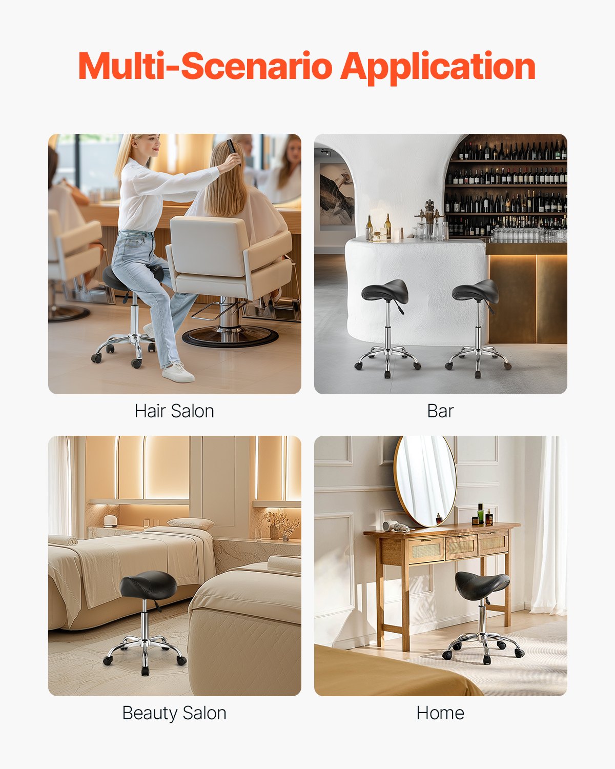 Saddle Rolling Stool, PU Leather Rolling Stool with Wheels, 360° Swivel Drafting Stool with Thickened Cushion, Height Adjustable Rolling Work SPA Stool, for Office, Home, Salon & Bar, Black