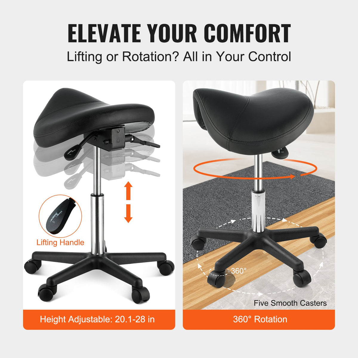 Saddle Stool with Wheels, 400 LBS Weight Capacity Ergonomic Rolling Saddle Stool, Height Adjustable Thickened PU Leather Swivel Saddle Stools Chair for Salon, Spa, Tattoo, Clinic, Black