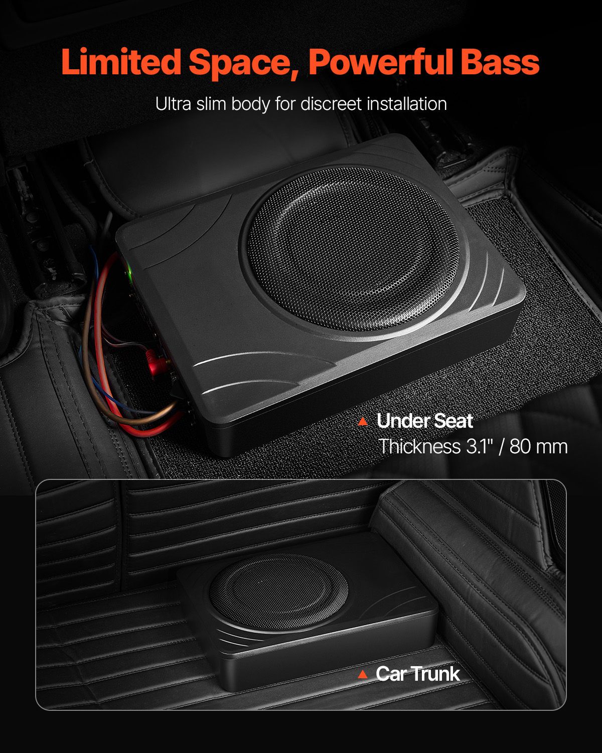 8" 300W Under Seat Car Subwoofer Slim Powered Car/Truck Subwoofer System