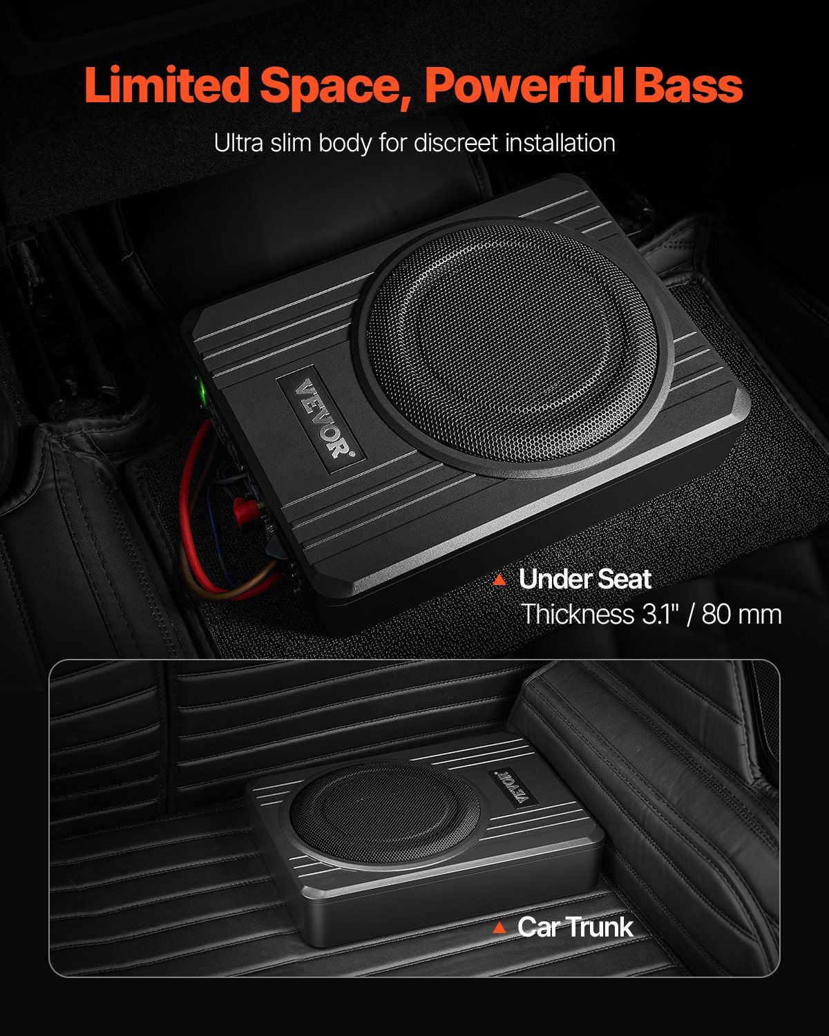 8" 400W Underseat Car Subwoofer, Slim Powered Car Subwoofers Under the Seat, Low Profile Audio Sub Built-in Amplifier, High/Low Level Input & Volume Controller for SUVs, Car, Truck, RV
