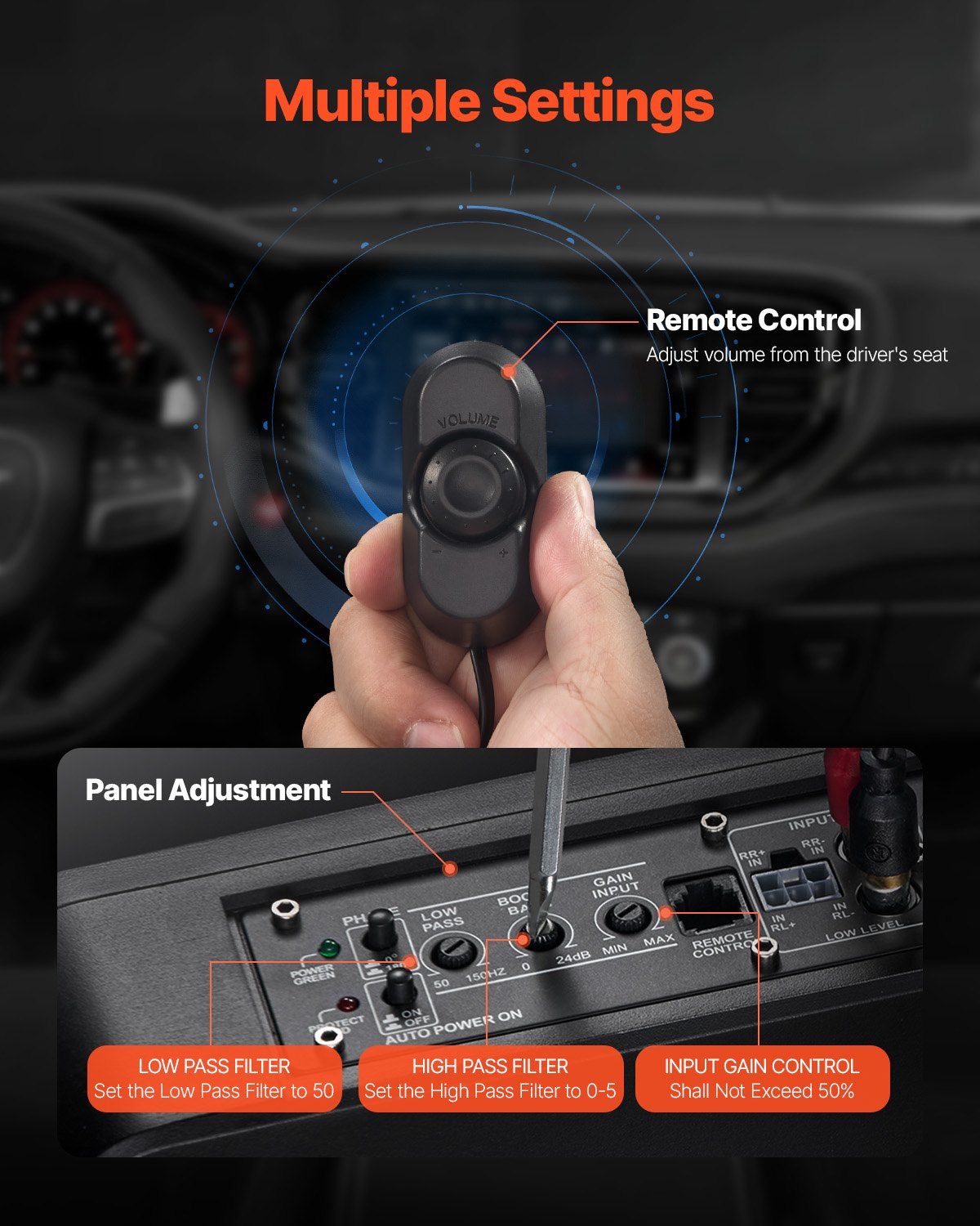8" 400W Underseat Car Subwoofer, Slim Powered Car Subwoofers Under the Seat, Low Profile Audio Sub Built-in Amplifier, High/Low Level Input & Volume Controller for SUVs, Car, Truck, RV