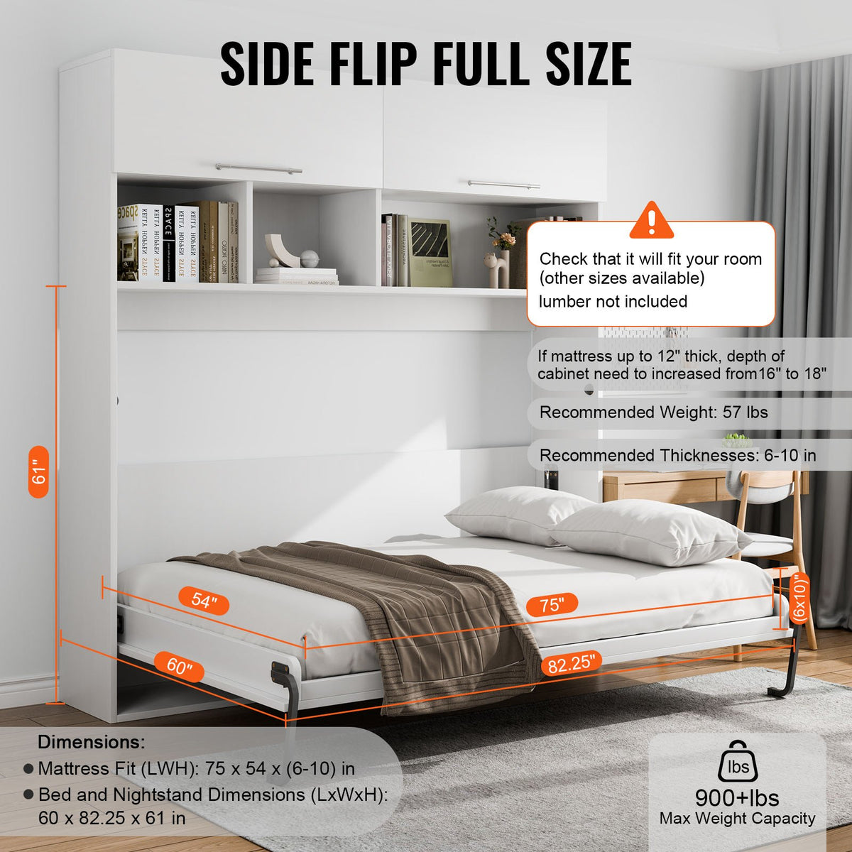 Murphy Bed Kit, Full Size, Deluxe DIY Wall Bed Mechanical Hardware Kit, Pneumatic Lever Heavy Duty Bed Frame Support, Folding Cabinet Wall Bed Space Saving Design for Guestroom, Easy to Build