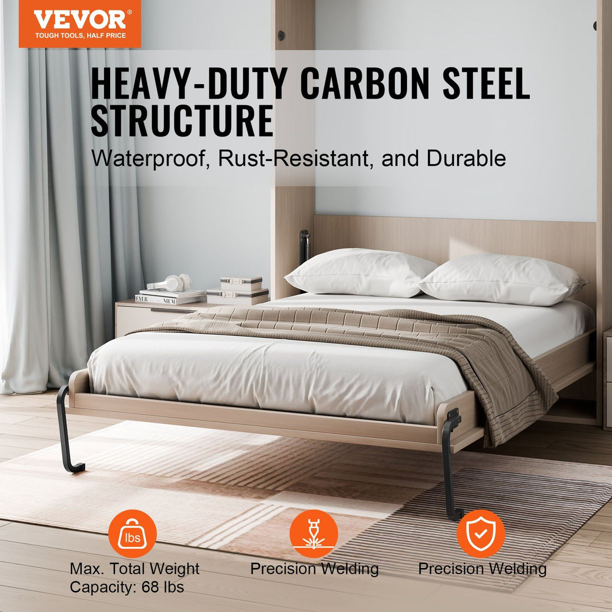 Murphy Bed Kit, Queen Size, Vertical Deluxe DIY Wall Bed Mechanical Hardware Kit, Pneumatic Lever Heavy Duty Bed Frame Support, Folding Cabinet Wall Bed Space Saving Design for Guestroom