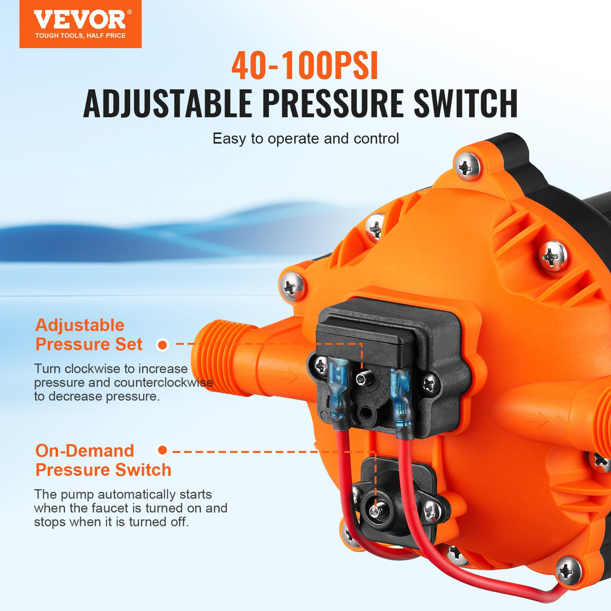 Water Diaphragm Pump, 20.8 LPM Flow, 4.8 bar Rated Pressure (2.8-6.9 bar Adjustable), 12.7 mm MNPT Self Priming Sprayer Pump with Pressure Switch for RV Camper Marine Boat Lawn, FCC Certified