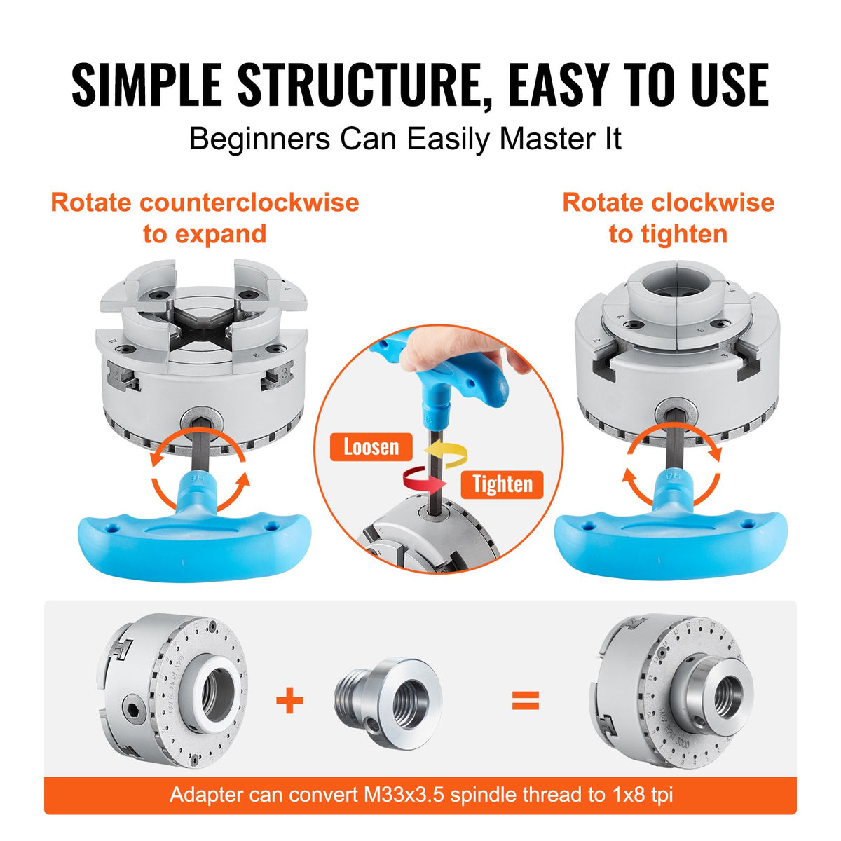 KP965 Lathe Chuck, 4-Jaw 96 mm Diameter, Metal Lathe Chuck Turning Machine Accessories with 5 Sets of Jaws, Self-centering Tool, for Precision Machining, Grinding Machines, Milling Machines