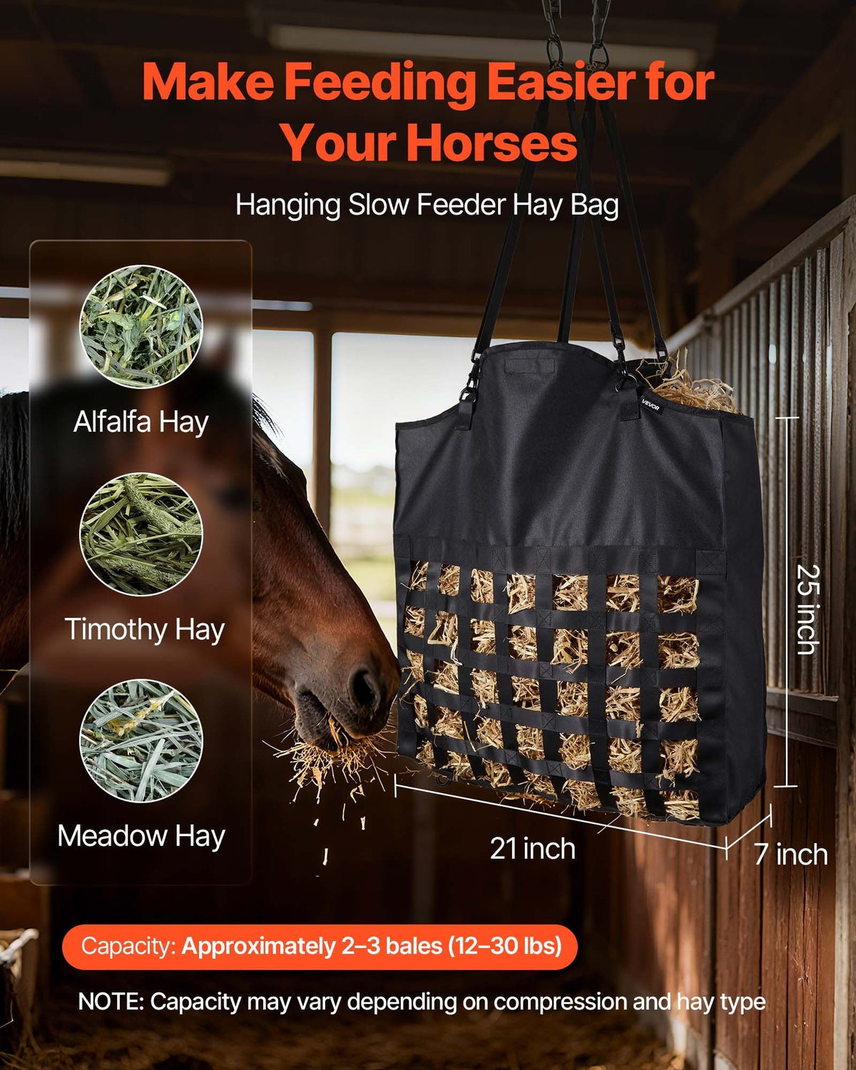 Hay Bag for Horses, 55 x 18.5 x 64 cm, 46 x 46 mm Holes, Premium Nylon Construction with PVC Waterproof Coating, Adjustable Hanging Straps and Metal Hooks, Slow Feed Hay Bag for Horses