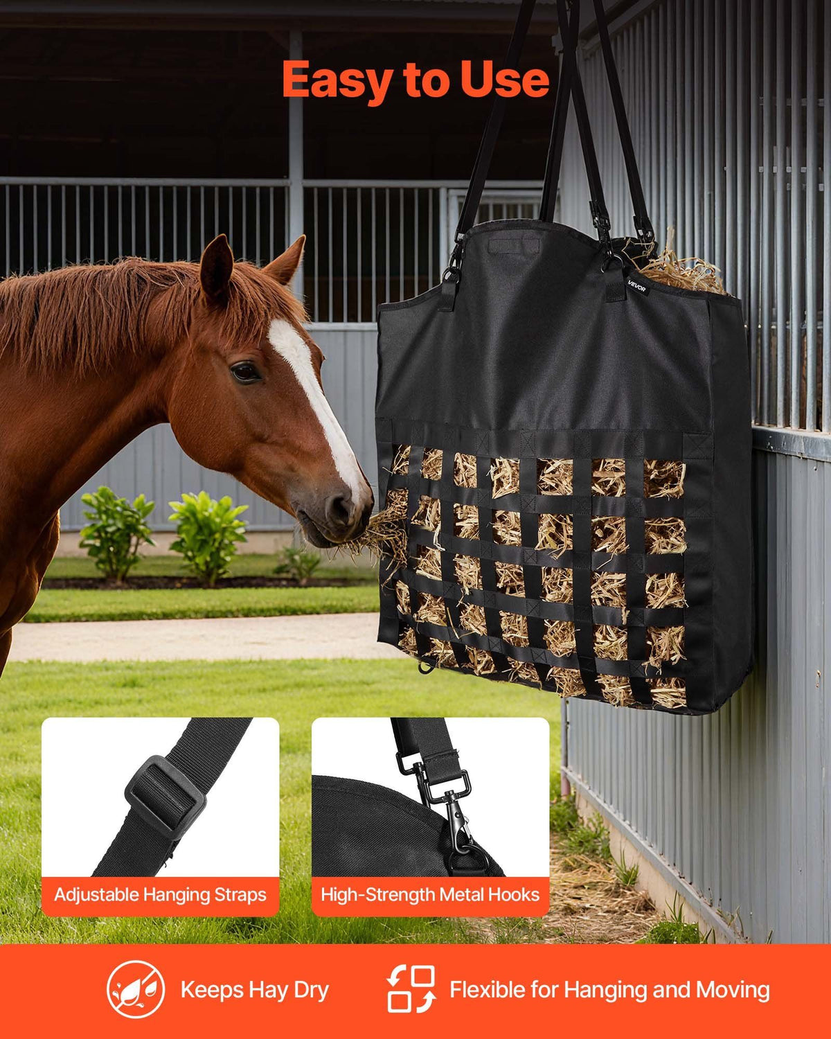 Hay Bag for Horses, 55 x 18.5 x 64 cm, 46 x 46 mm Holes, Premium Nylon Construction with PVC Waterproof Coating, Adjustable Hanging Straps and Metal Hooks, Slow Feed Hay Bag for Horses