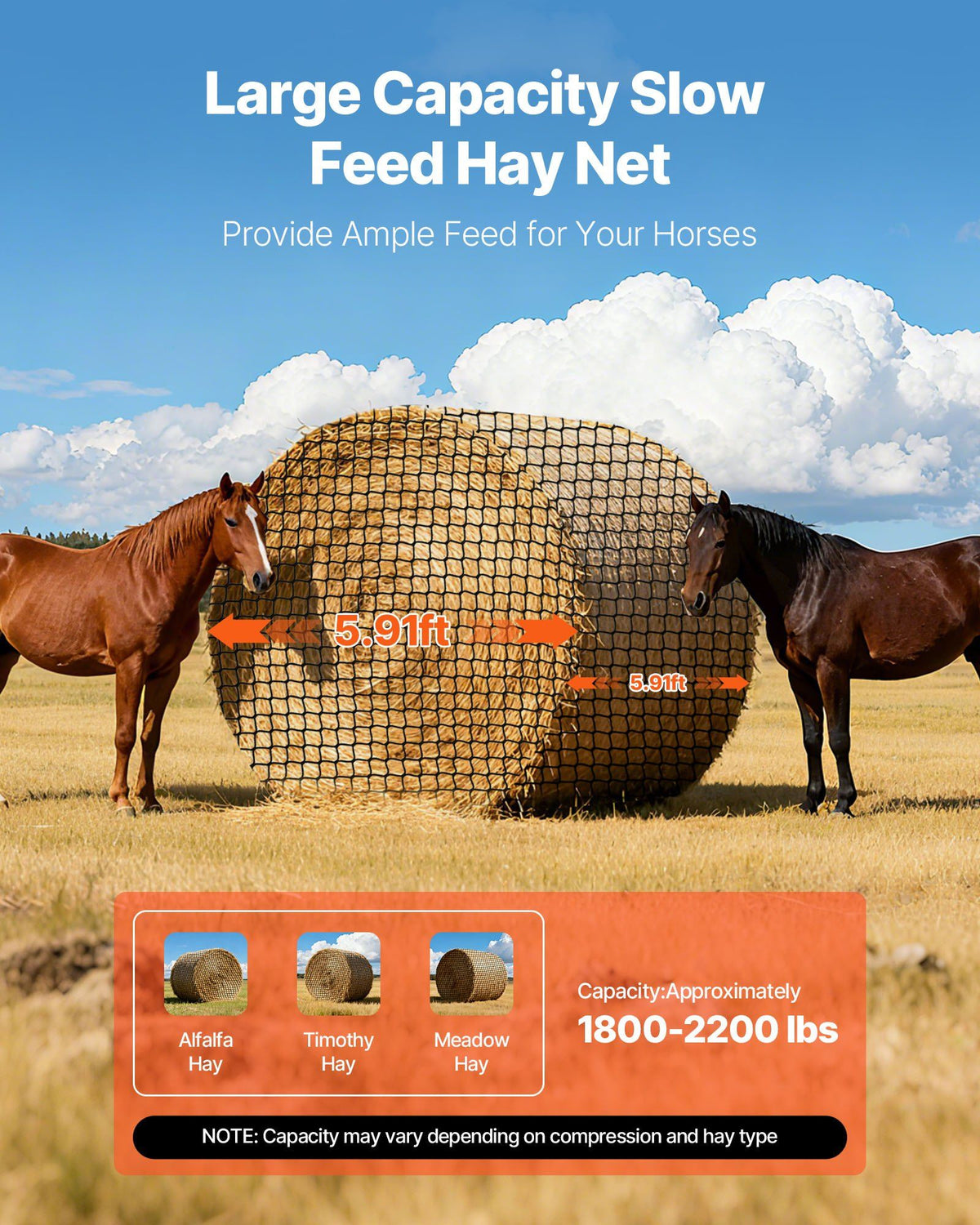 Round Bale Hay Net, 1.8 x 1.8 x 1.8 m, 38.1 x 38.1 mm Holes, PE Material, Knotless Design, with Zip Ties, Needle Shuttle, Repair Twine and Storage Bag, Slow Feeder Round Bale Net for Horses