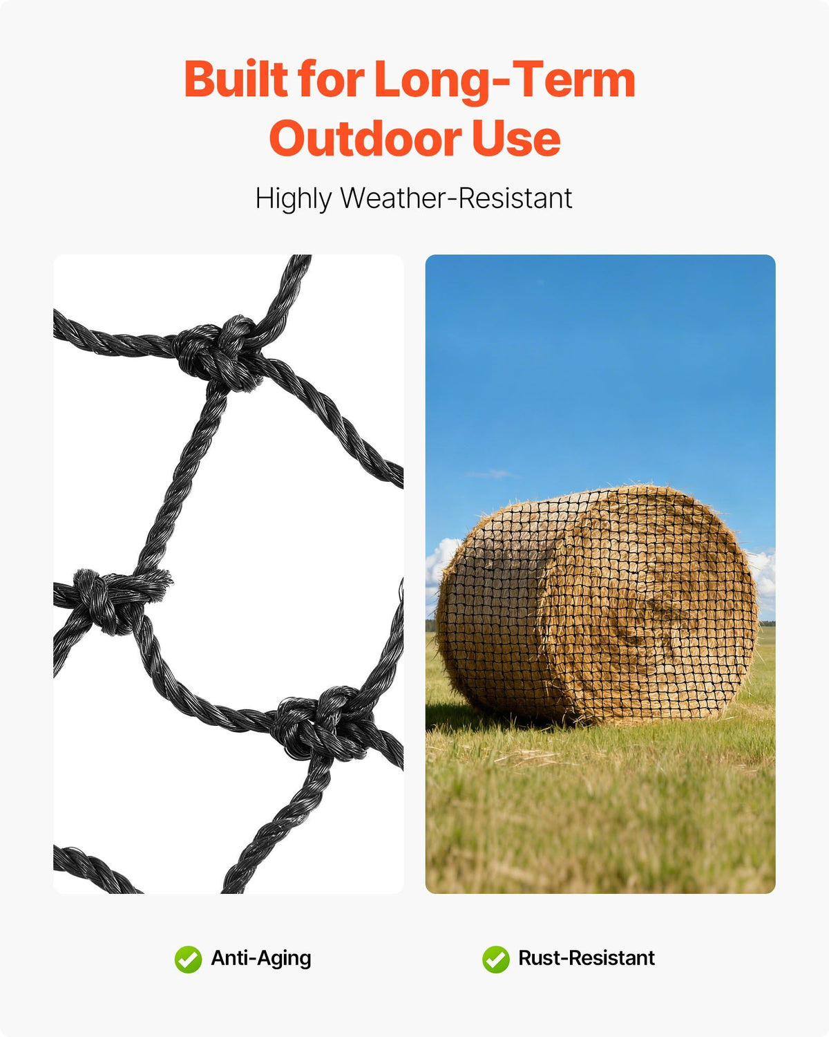 Round Bale Hay Net, 1.5 x 1.5 x 1.5 m, 44.45 x 44.45 mm Holes, PE Material, Reinforced Knotted Design, with Zip Ties, Needle Shuttle, and Repair Twine, Slow Feeder Round Bale Net for Horses
