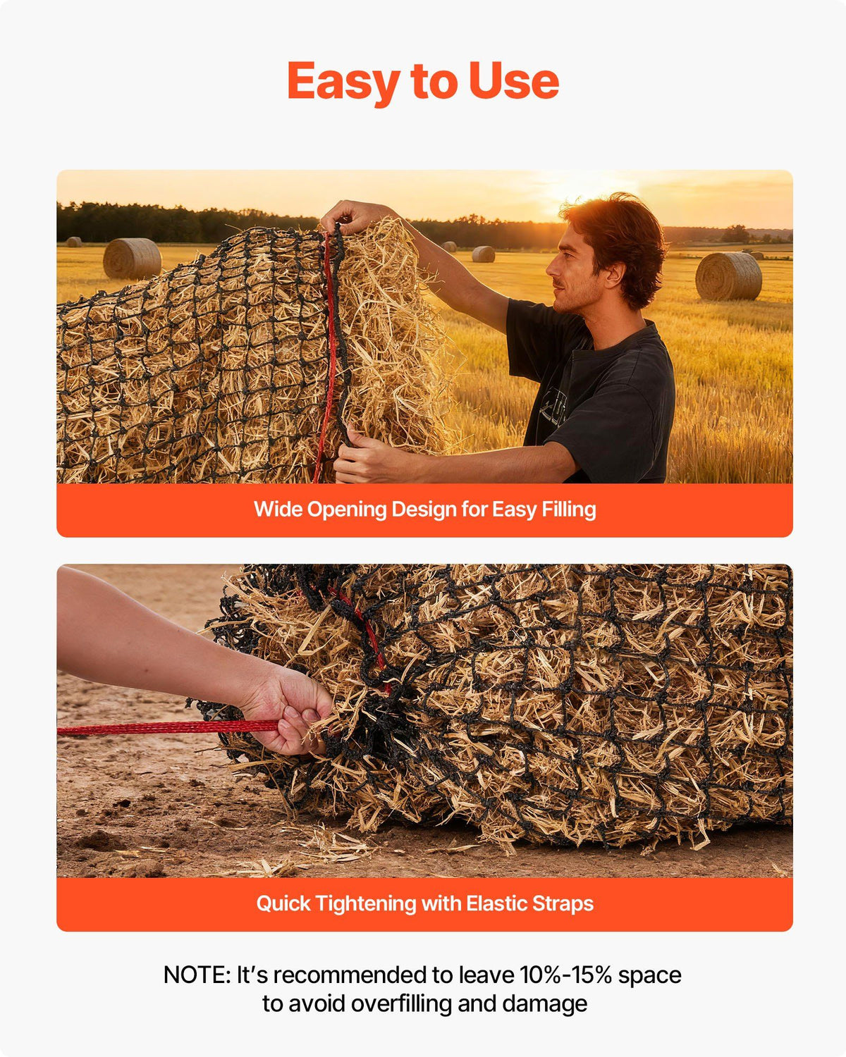 Round Bale Hay Net, 1.5 x 1.5 x 1.5 m, 44.45 x 44.45 mm Holes, PE Material, Reinforced Knotted Design, with Zip Ties, Needle Shuttle, and Repair Twine, Slow Feeder Round Bale Net for Horses
