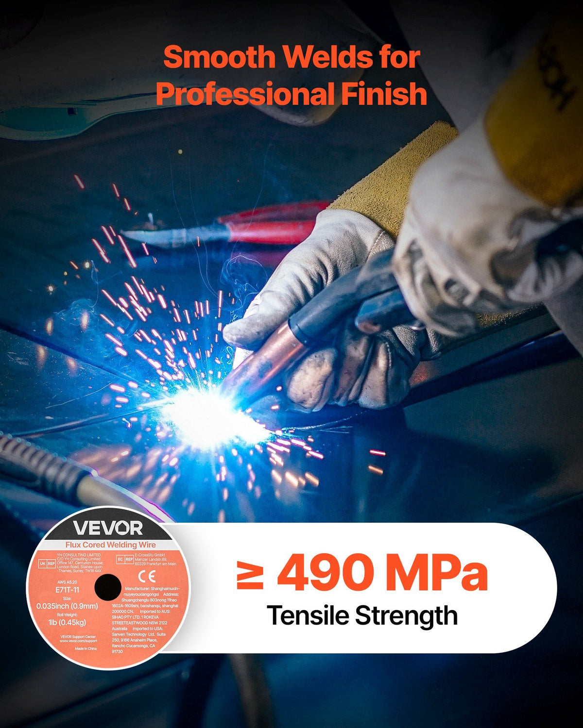 Flux Core MIG Welding Wire, E71T-11 0.9mm 0.45kg, Gasless Mild Steel Welding Wire with Low Spatter for All Position Arc Welding, Self-Shielded for Outdoor Use (Pack of 2 Rolls)