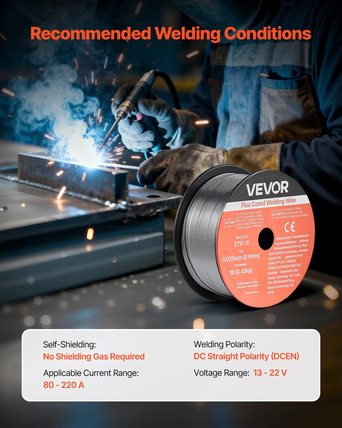 Flux Core MIG Welding Wire, E71T-11 0.9mm 0.45kg, Gasless Mild Steel Welding Wire with Low Spatter for All Position Arc Welding, Self-Shielded for Outdoor Use (Pack of 2 Rolls)