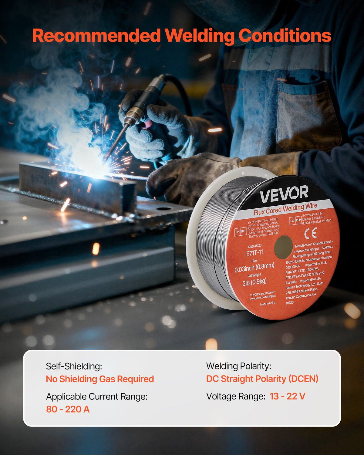 Flux Core MIG Welding Wire, E71T-11 0.8mm 0.9kg, Gasless Mild Steel Welding Wire with Low Spatter for All Position Arc Welding, Self-Shielded for Outdoor Use