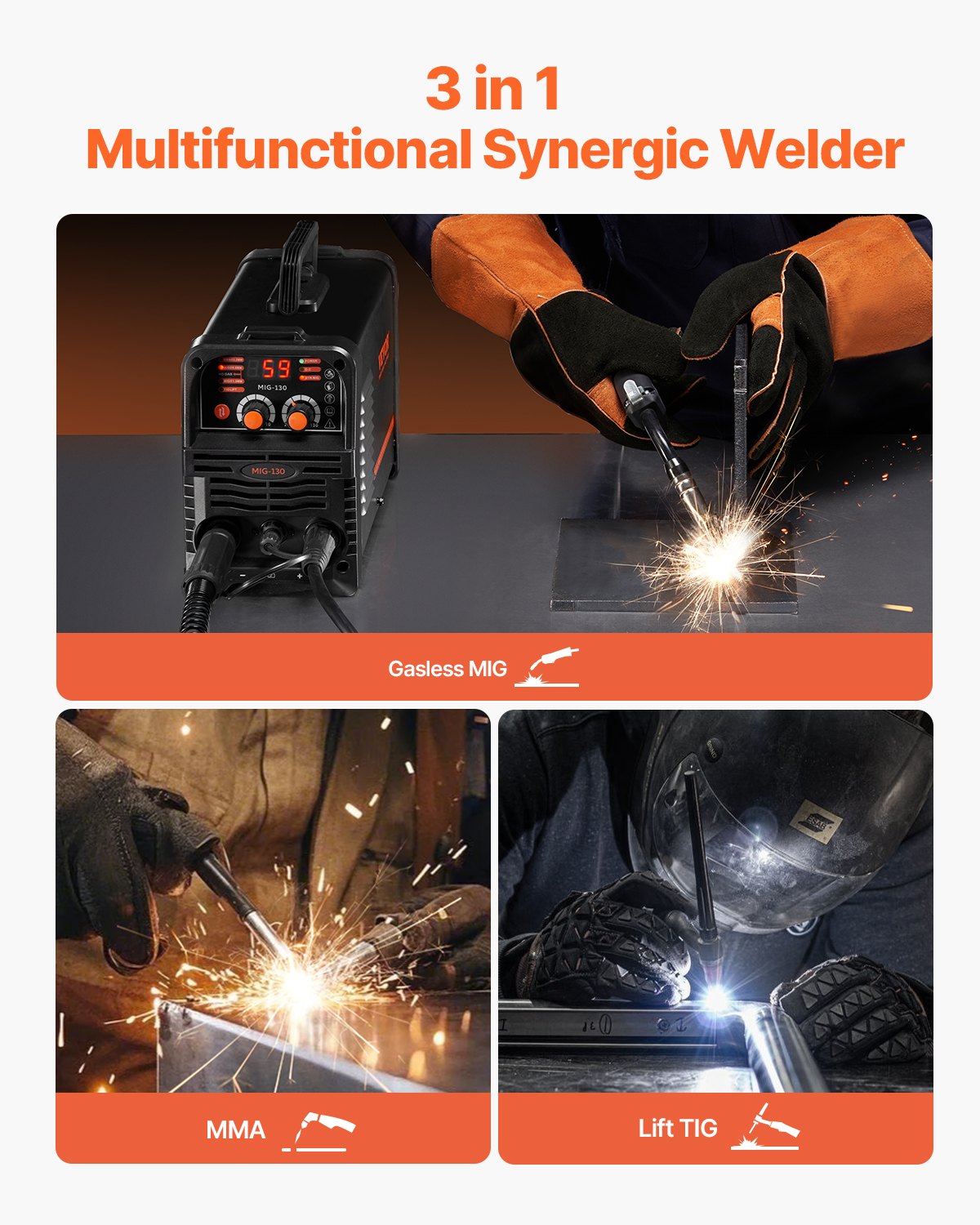 MIG Welder, 130Amp Synergic Mig Welding Machine, 3-in-1 Flux Core MIG/Stick/Lift TIG Multi-Process Welder Machine, Portable Mig Welder with IGBT Inverter Technology & Digital Display Screen