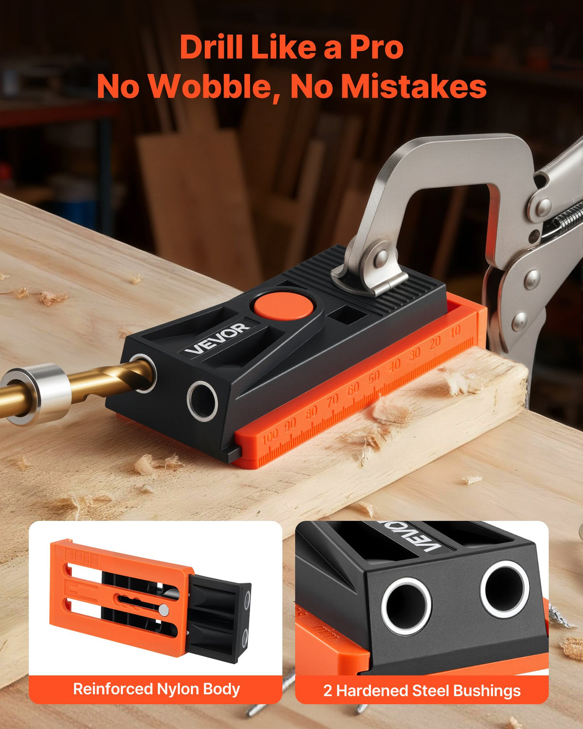 Pocket Hole Jig Kit, 12.7 to 38.1 mm Adjustable, Mini Jig Pocket Hole System with Step Drill, Hex Wrench, Drill Stop Ring, Square Drive Bit, and Screws, Reinforced Nylon Frame, for Woodworking
