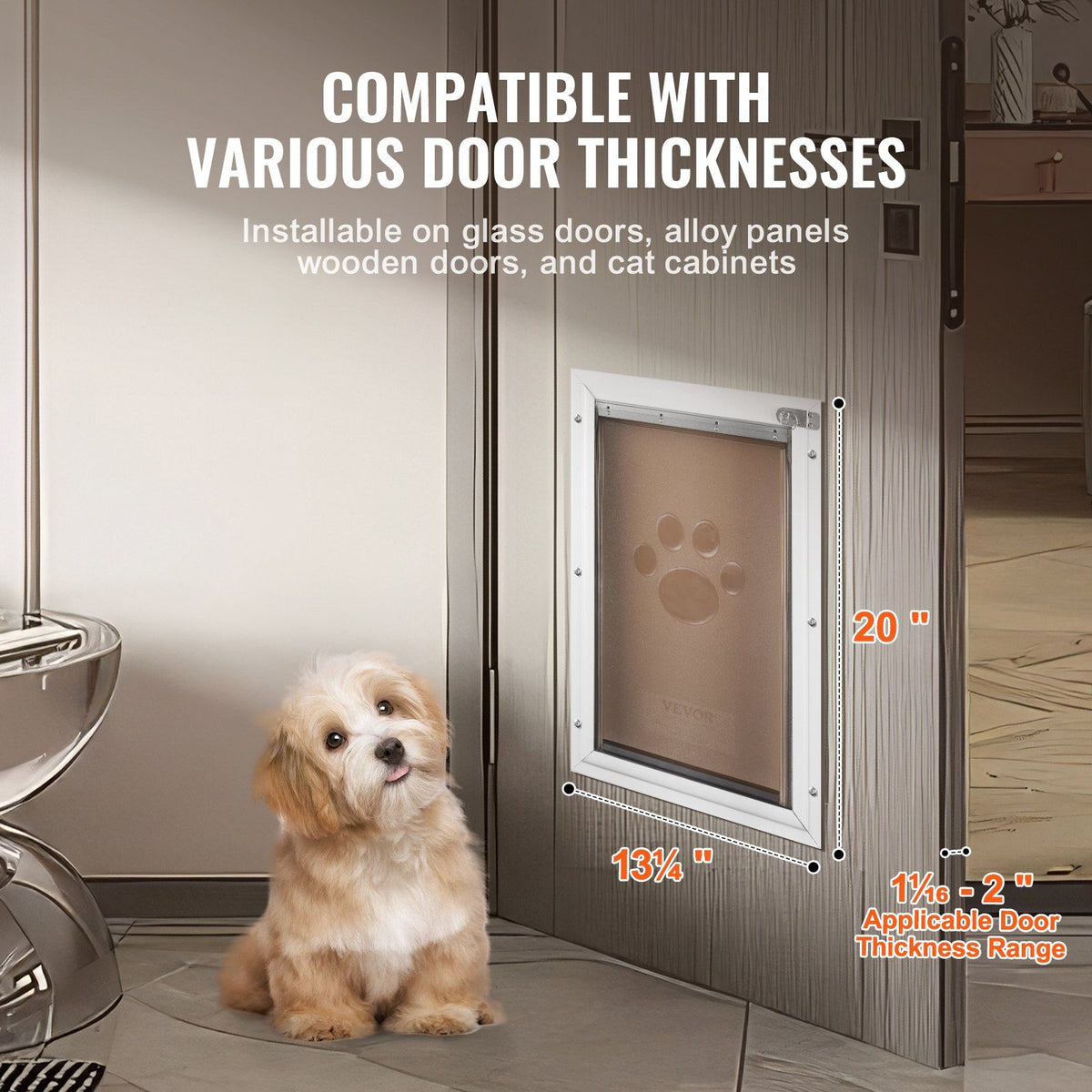 Pet Door, 33.7 x 50.9 cm Aluminum Frame with Lock and Flap System, Weatherproof Doggy Door, Easy to Install in Interior or Exterior Doors, Pet Door Suitable for Cat Doggie Kitties (White-L)