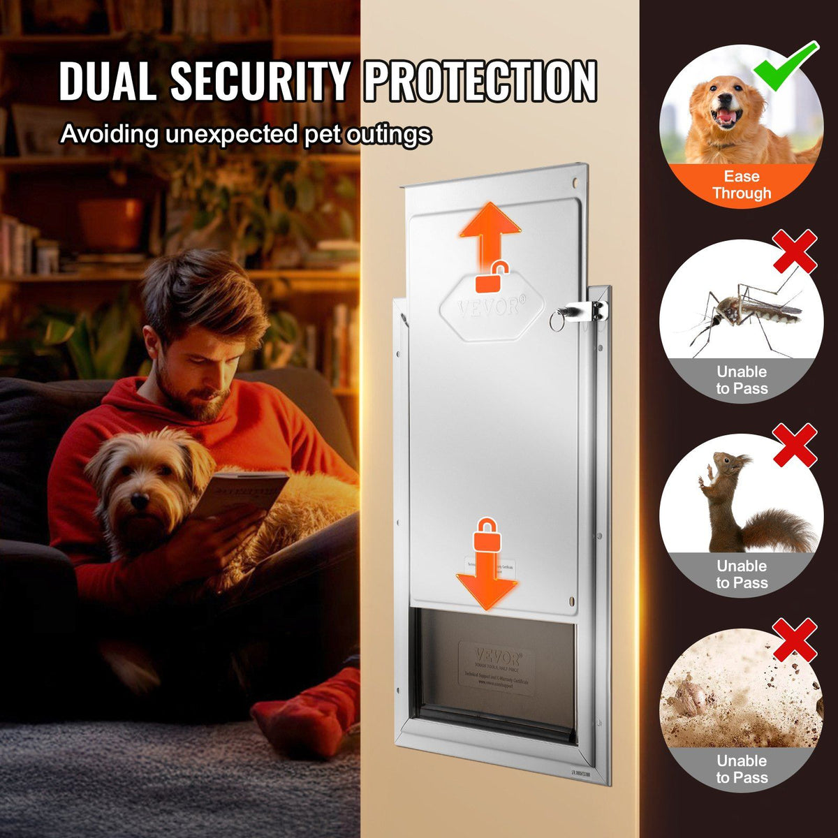 Pet Door, 33.7 x 50.9 cm Aluminum Frame with Lock and Flap System, Weatherproof Doggy Door, Easy to Install in Interior or Exterior Doors, Pet Door Suitable for Cat Doggie Kitties (White-L)
