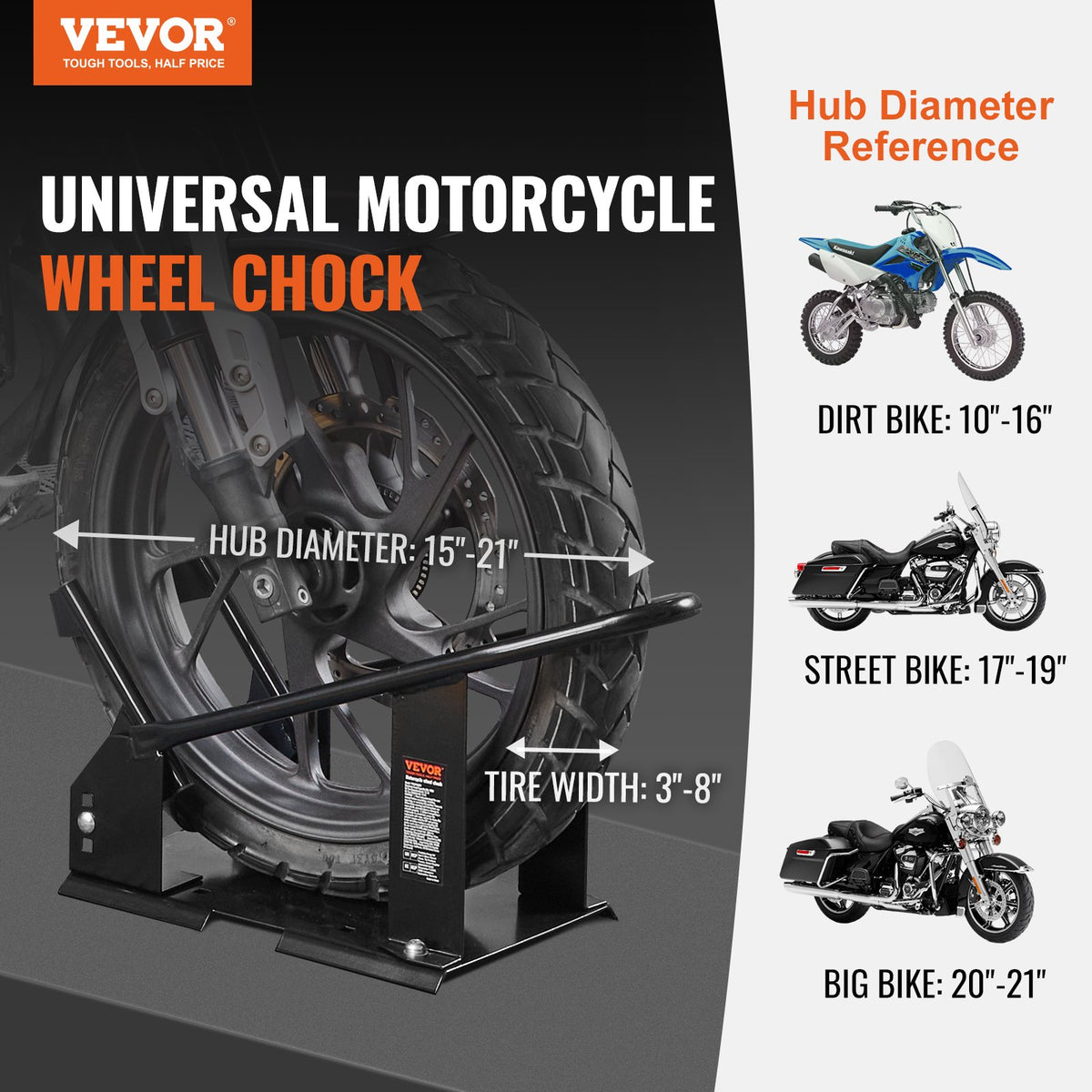 Motorcycle Wheel Chock, 816.5 kg Capacity Wheel Cradle Holder, Heavy-duty Steel Motorcycle Front Wheel Stand with 3 Adjustable Holes, For 381-533.4 mm Off-Road Motorcycles, Standard Motorcycles