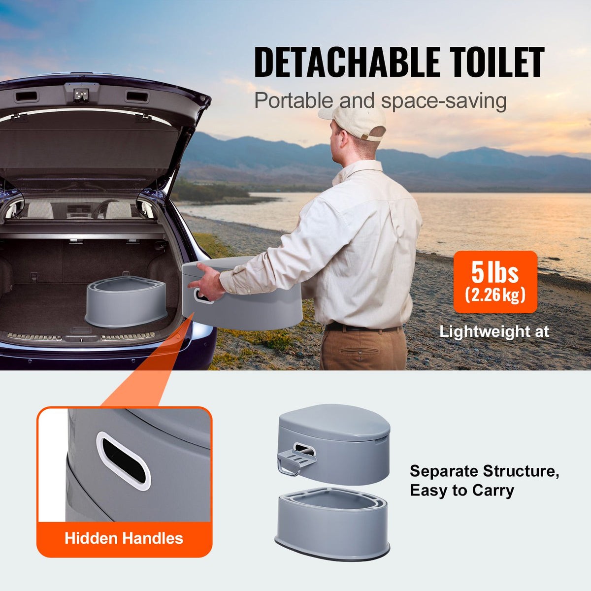 Portable Toilet for Camping, Porta Potty with 5L Detachable Inner Bucket & Removable Paper Holder, Commode with Dual Lids, Travel Toilet for Adults Kids Outdoor Camping Car Long Road Trips