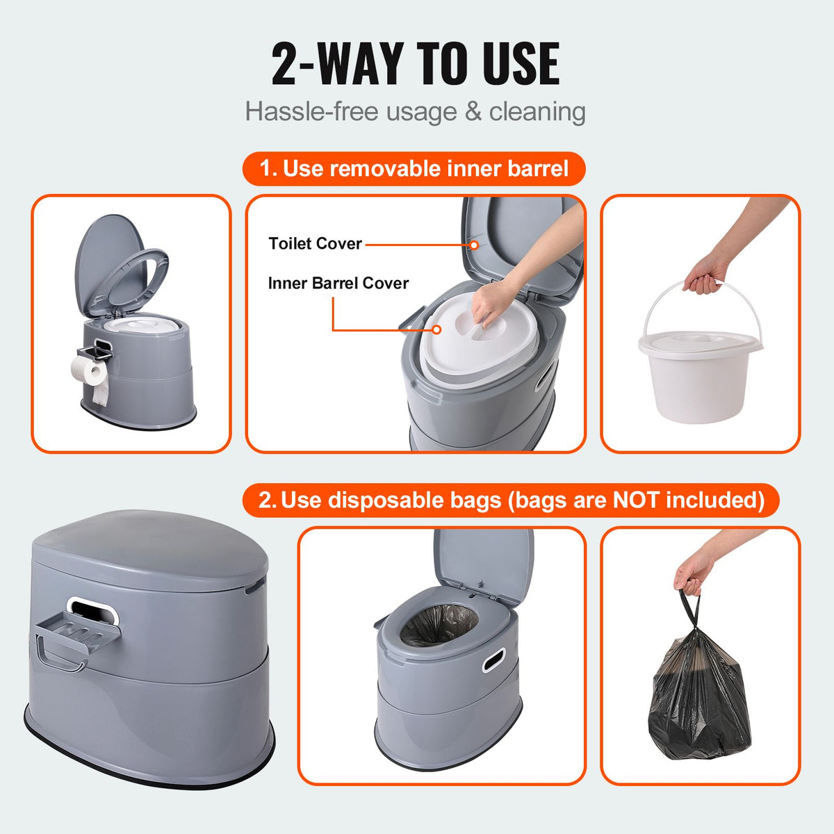 Portable Toilet for Camping, Porta Potty with 5L Detachable Inner Bucket & Removable Paper Holder, Commode with Dual Lids, Travel Toilet for Adults Kids Outdoor Camping Car Long Road Trips
