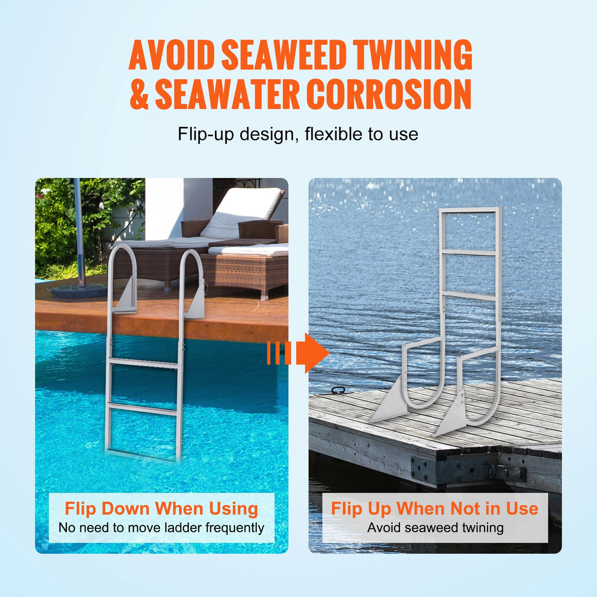 Dock Ladder, Flip-Up 3 Steps, 159 kg Load Capacity, Aluminum Alloy Pontoon Boat Ladder with 50.8 mm Wide Step & Nonslip Rubber Mat, Easy to Install for Ship/Lake/Pool/Marine Boarding
