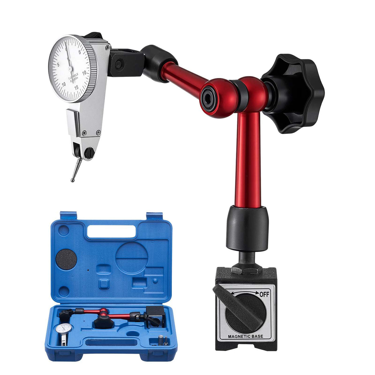 Dial Test Indicator with Universal Magnetic Base and Storage Case, 0.01 mm Accuracy, 0-0.76 mm Range, Micro Ball Handle for Narrow Area Measurement, Industrial Machining & Inspection