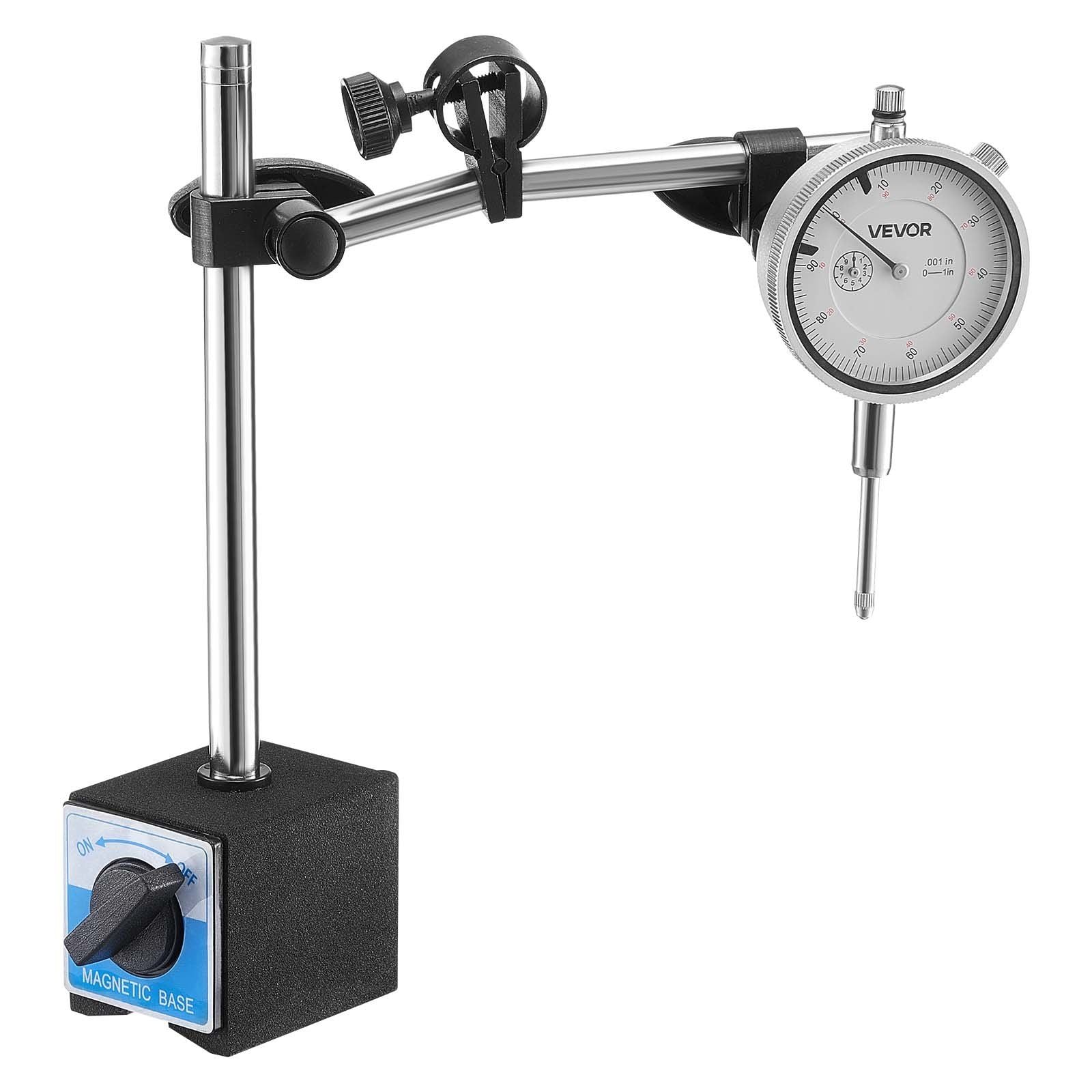 Dial Test Indicator with Dual Rod Stand and Storage Case, 0.03 mm Accuracy, 0-25.4mm Range, Fine Adjustable Long Arm, Non-Magnetic Centering Rods for Machine Set-Up, Narrow Area Measurement
